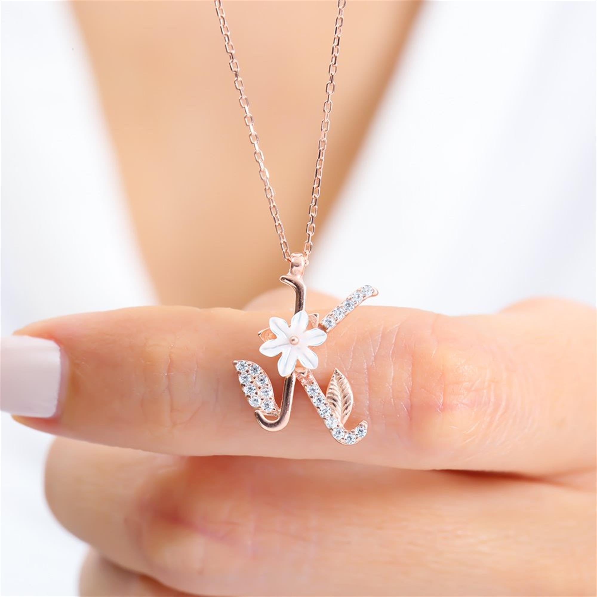 K Letter Magnolia Flower Rose Gold Necklace