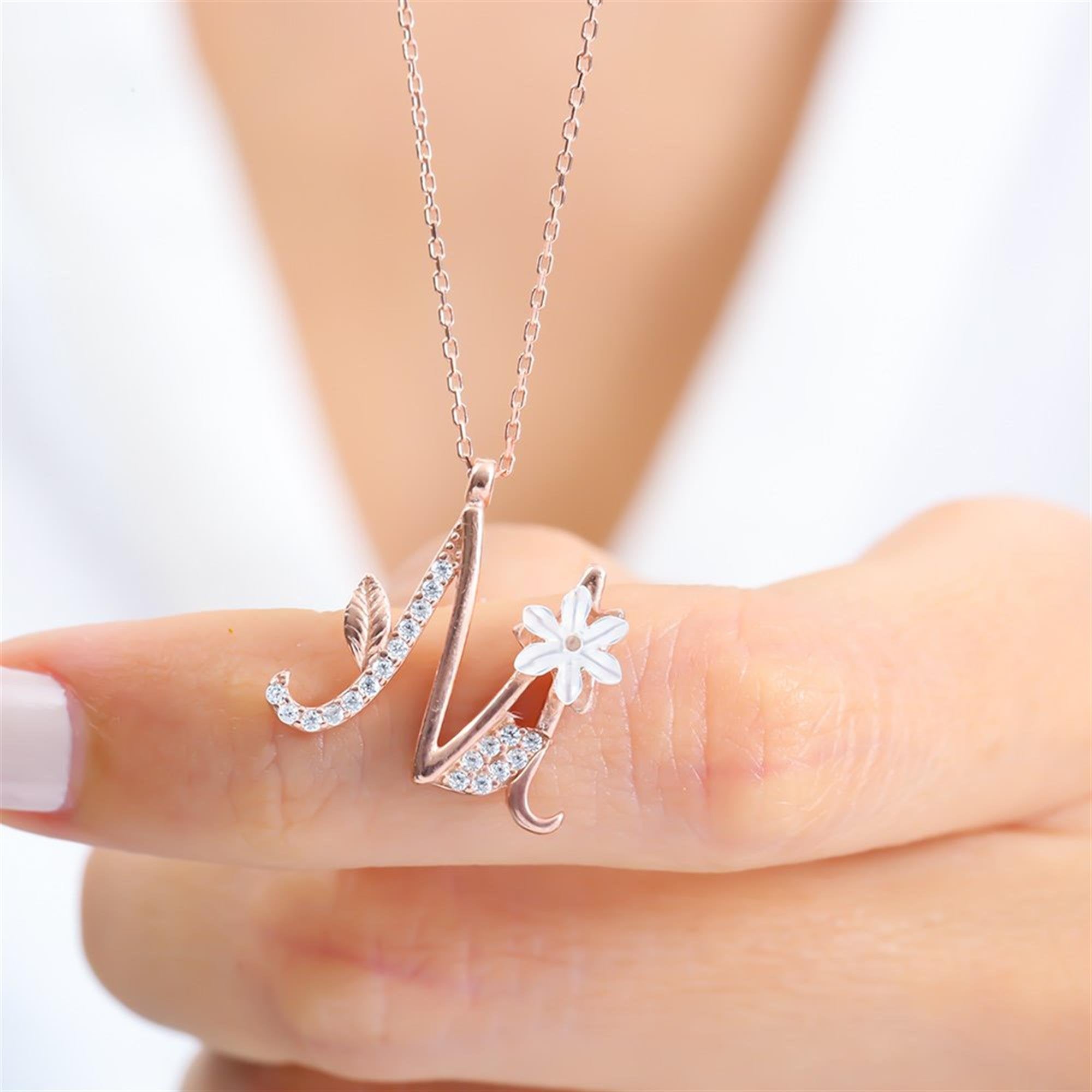 M Letter Magnolia Flower Rose Gold Necklace
