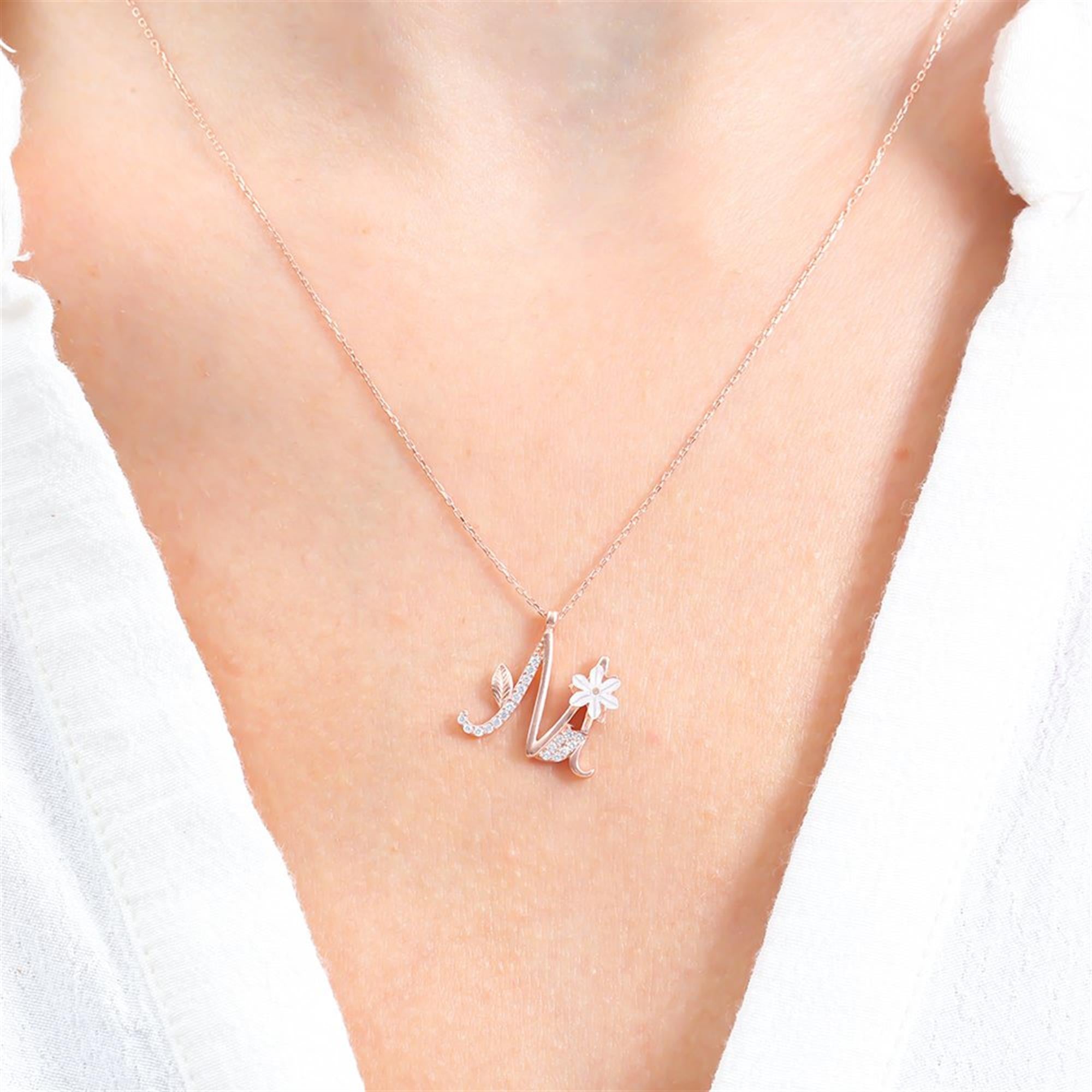 M Letter Magnolia Flower Rose Gold Necklace
