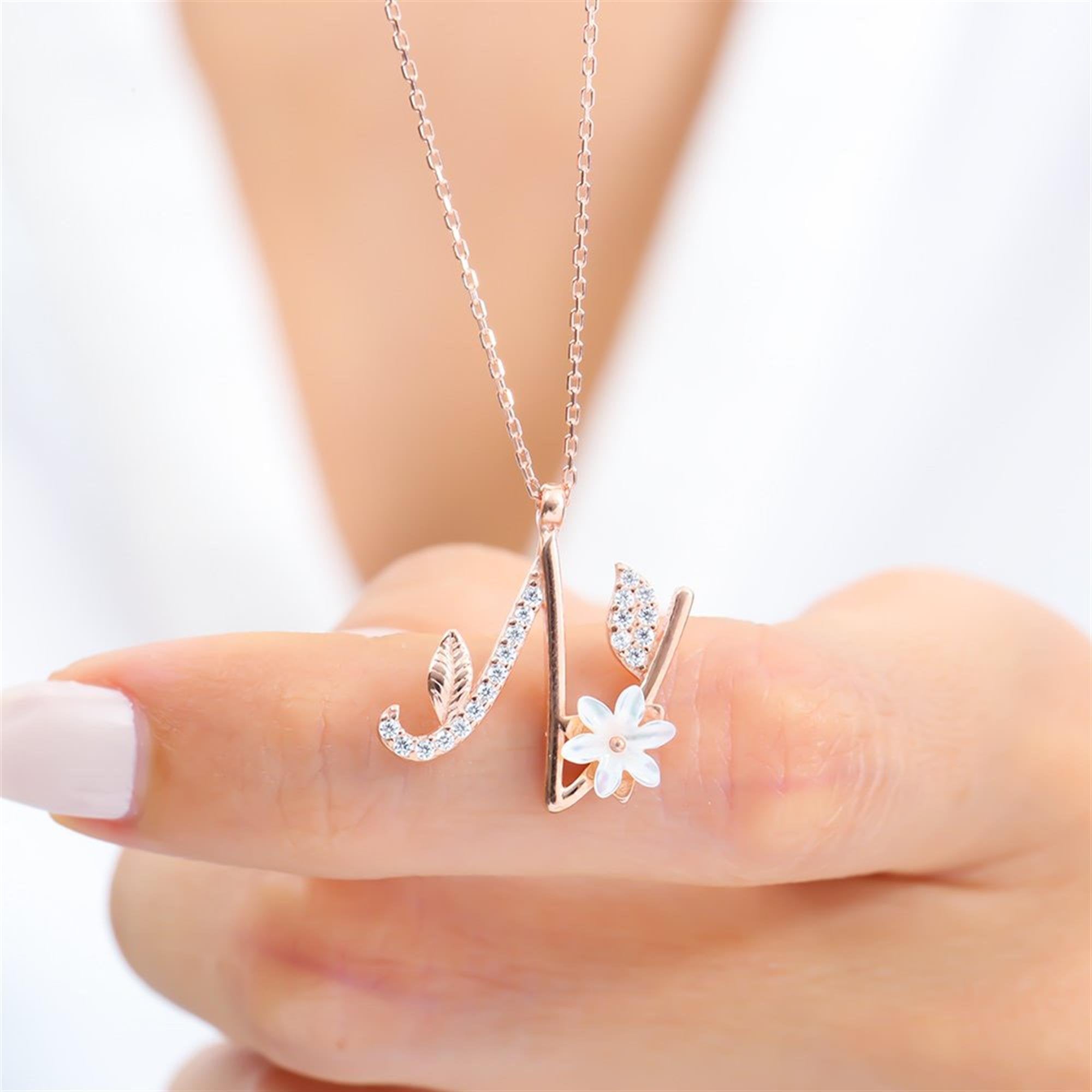 N Letter Magnolia Flower Rose Gold Necklace