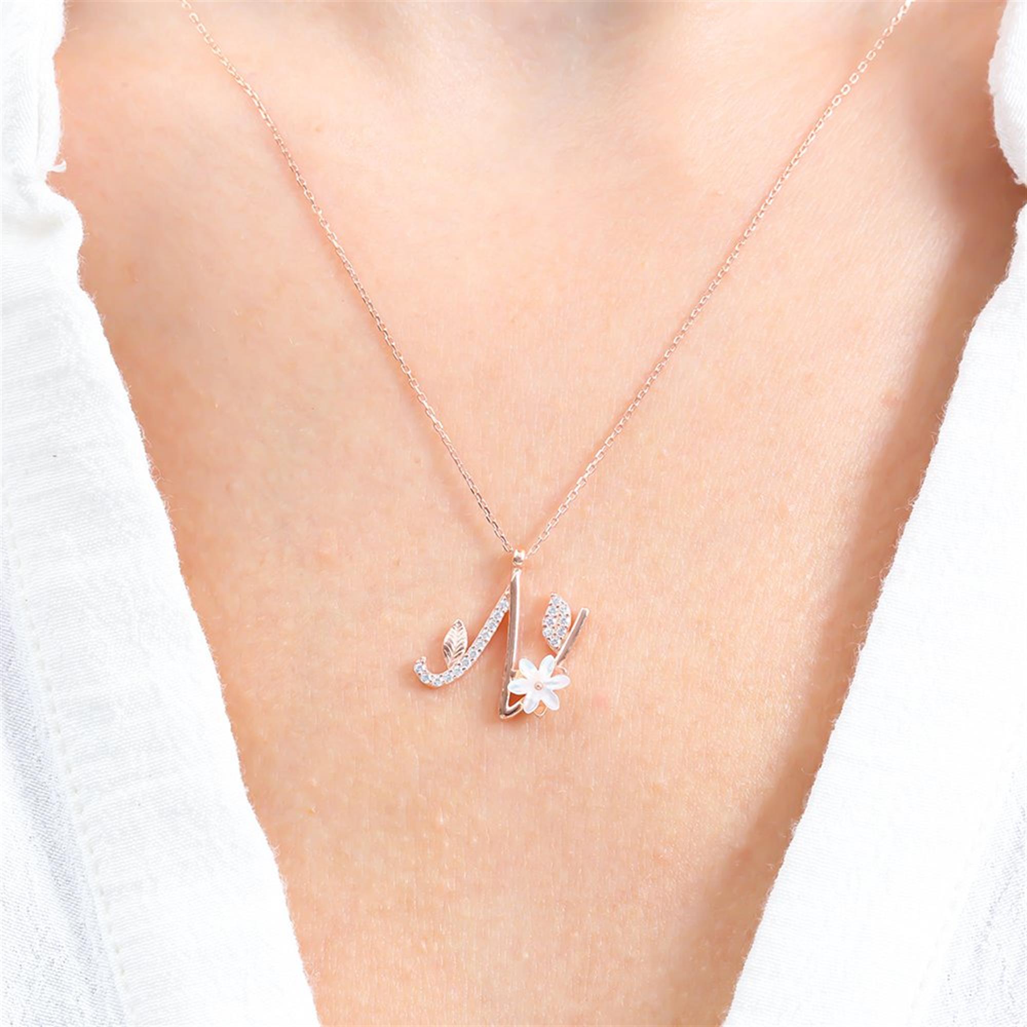 N Letter Magnolia Flower Rose Gold Necklace