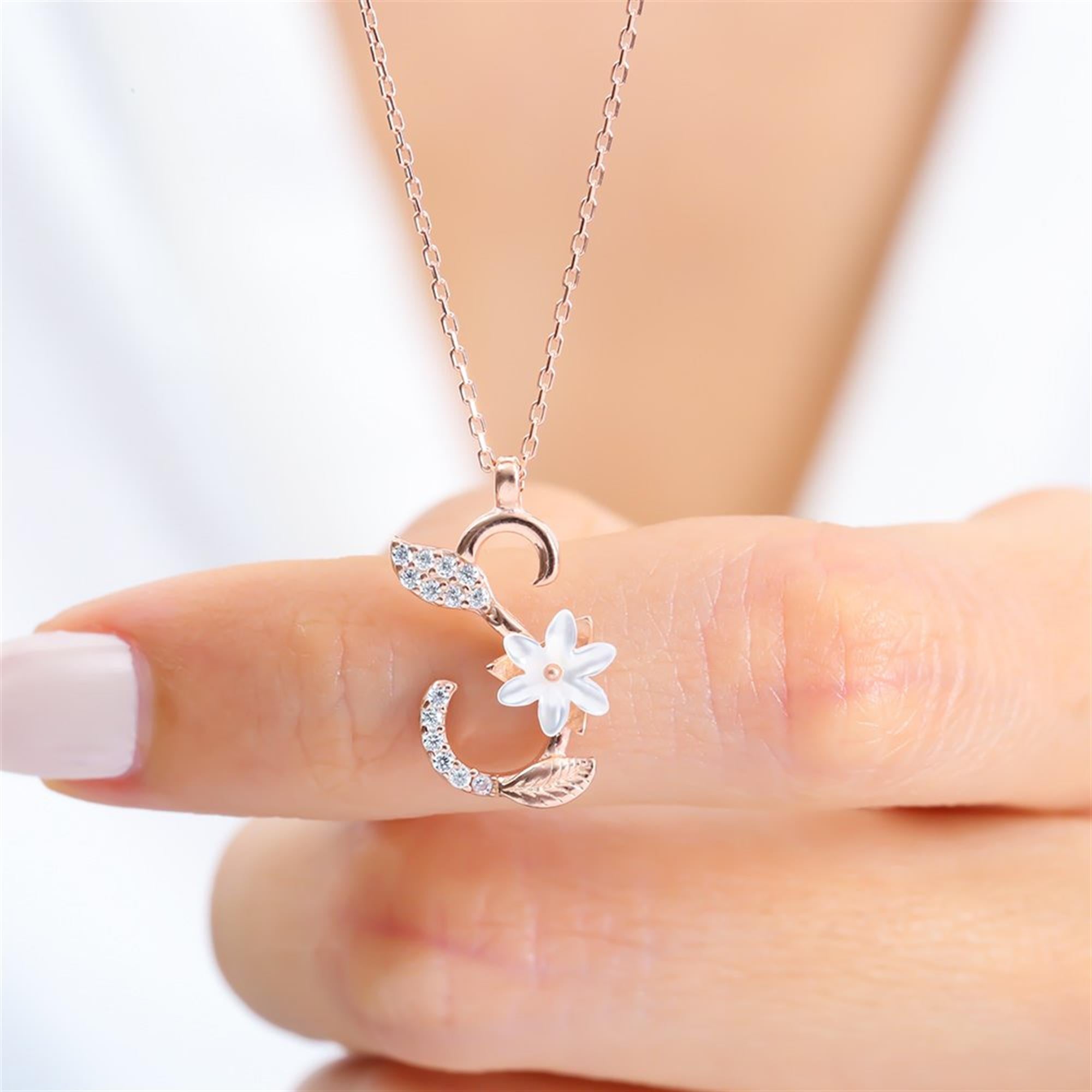 S Letter Magnolia Flower Rose Gold Necklace