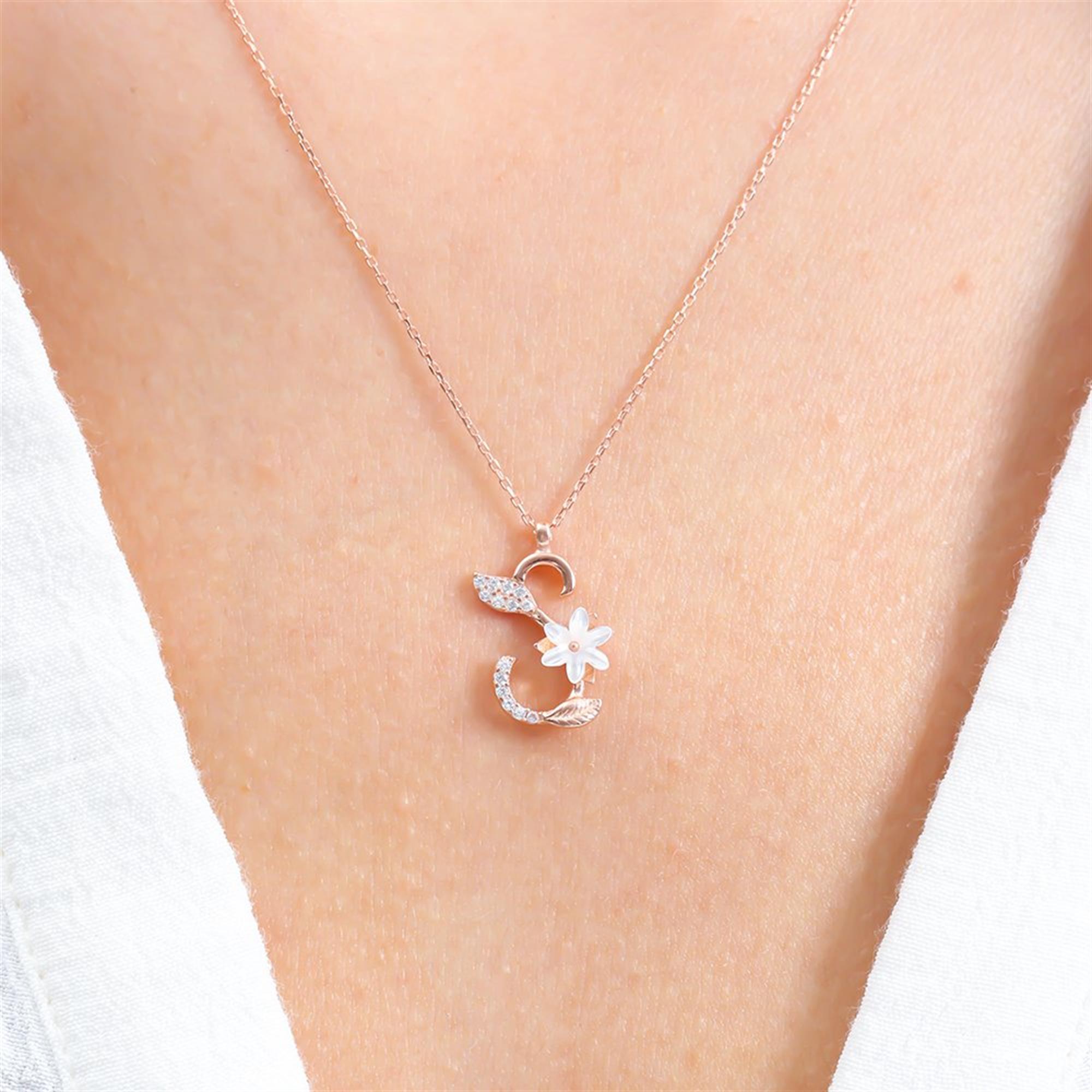 S Letter Magnolia Flower Rose Gold Necklace