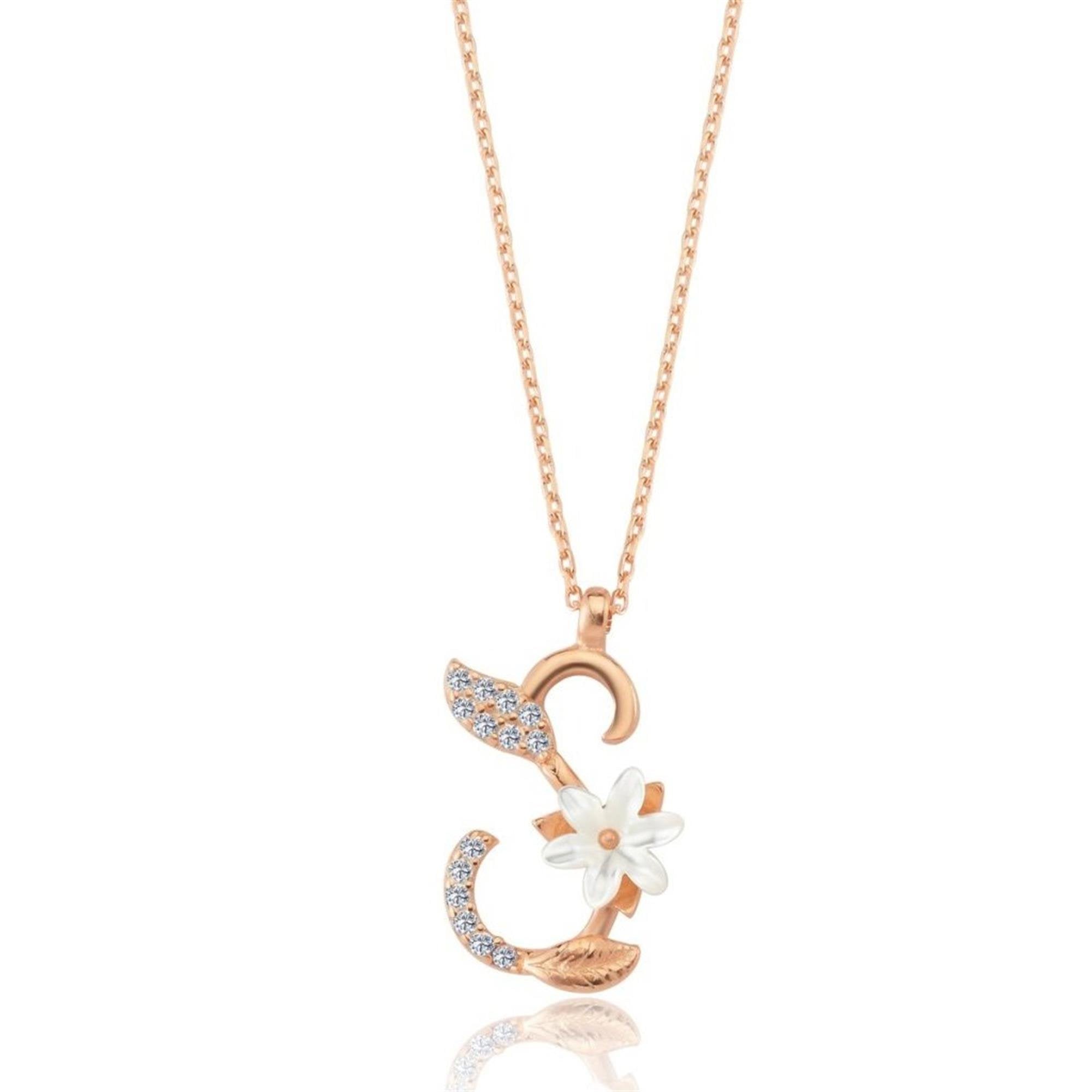 S Letter Magnolia Flower Rose Gold Necklace