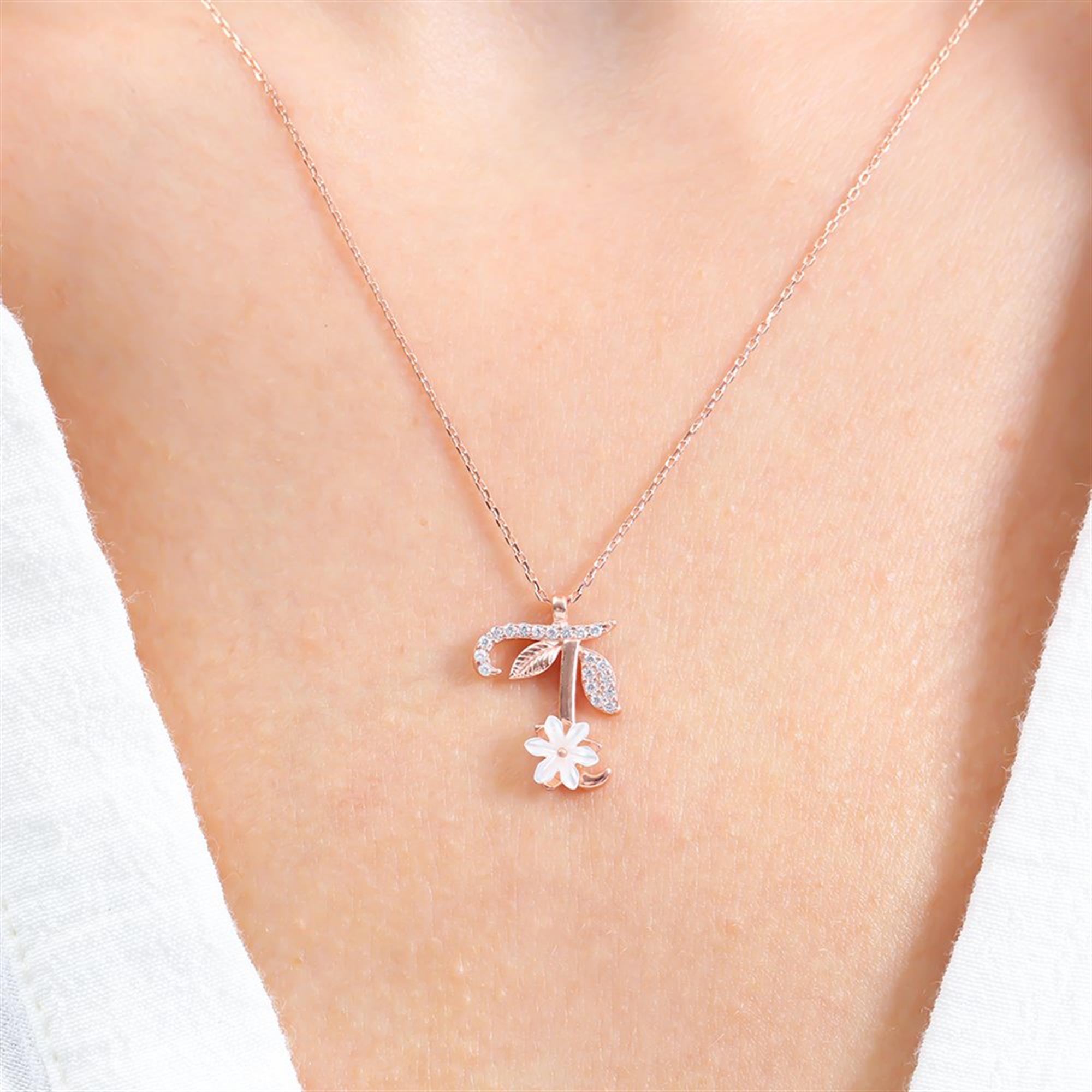 T Letter Magnolia Flower Rose Gold Necklace