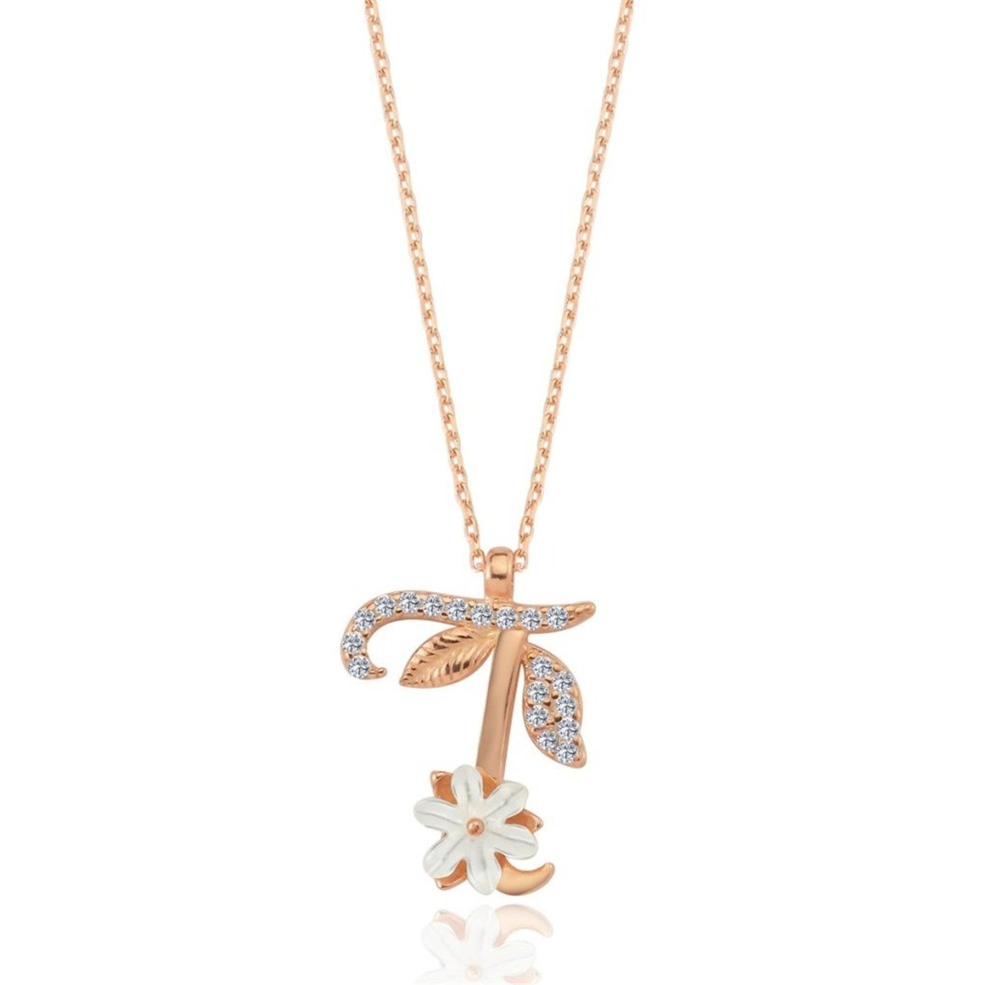 T Letter Magnolia Flower Rose Gold Necklace
