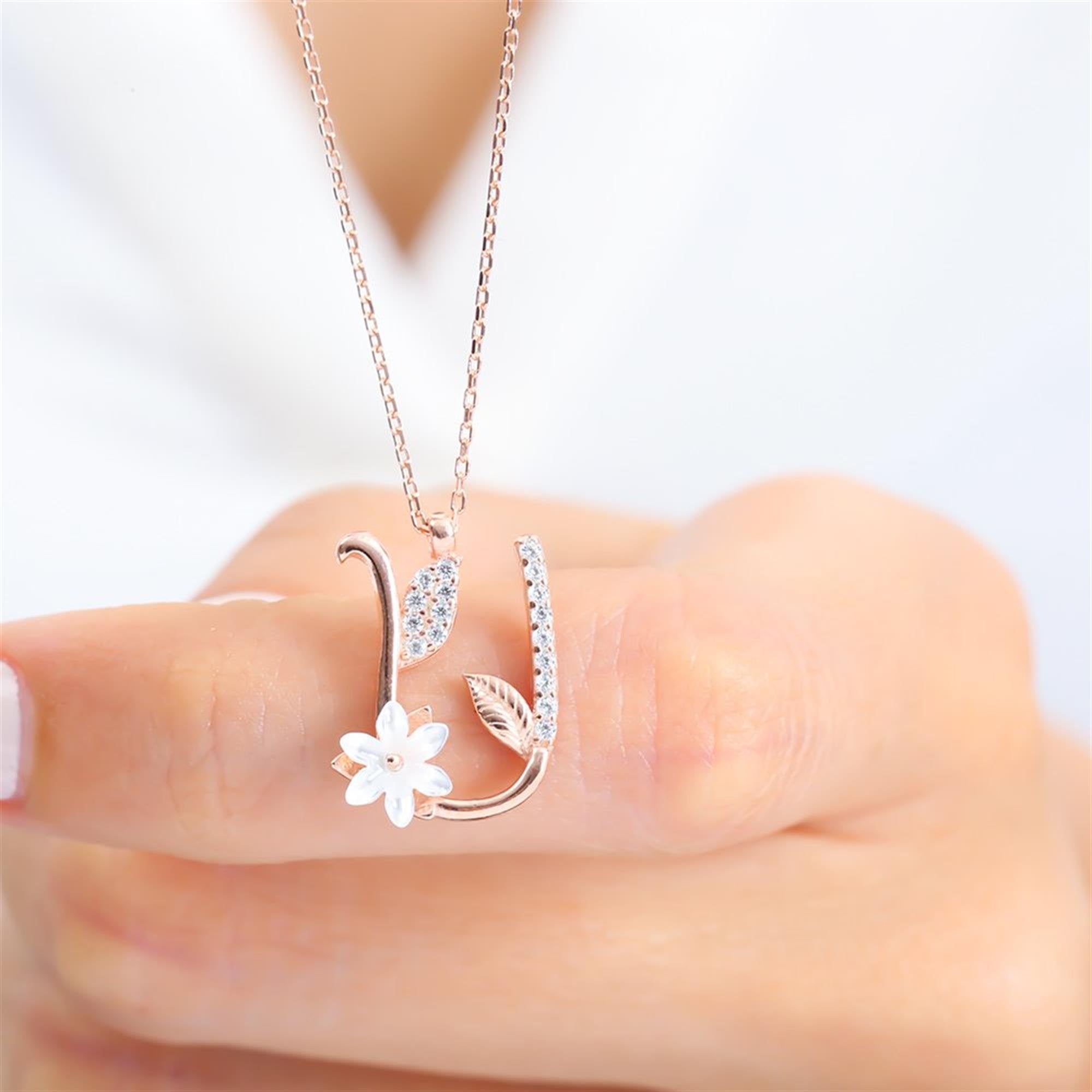 U Letter Magnolia Flower Rose Gold Necklace