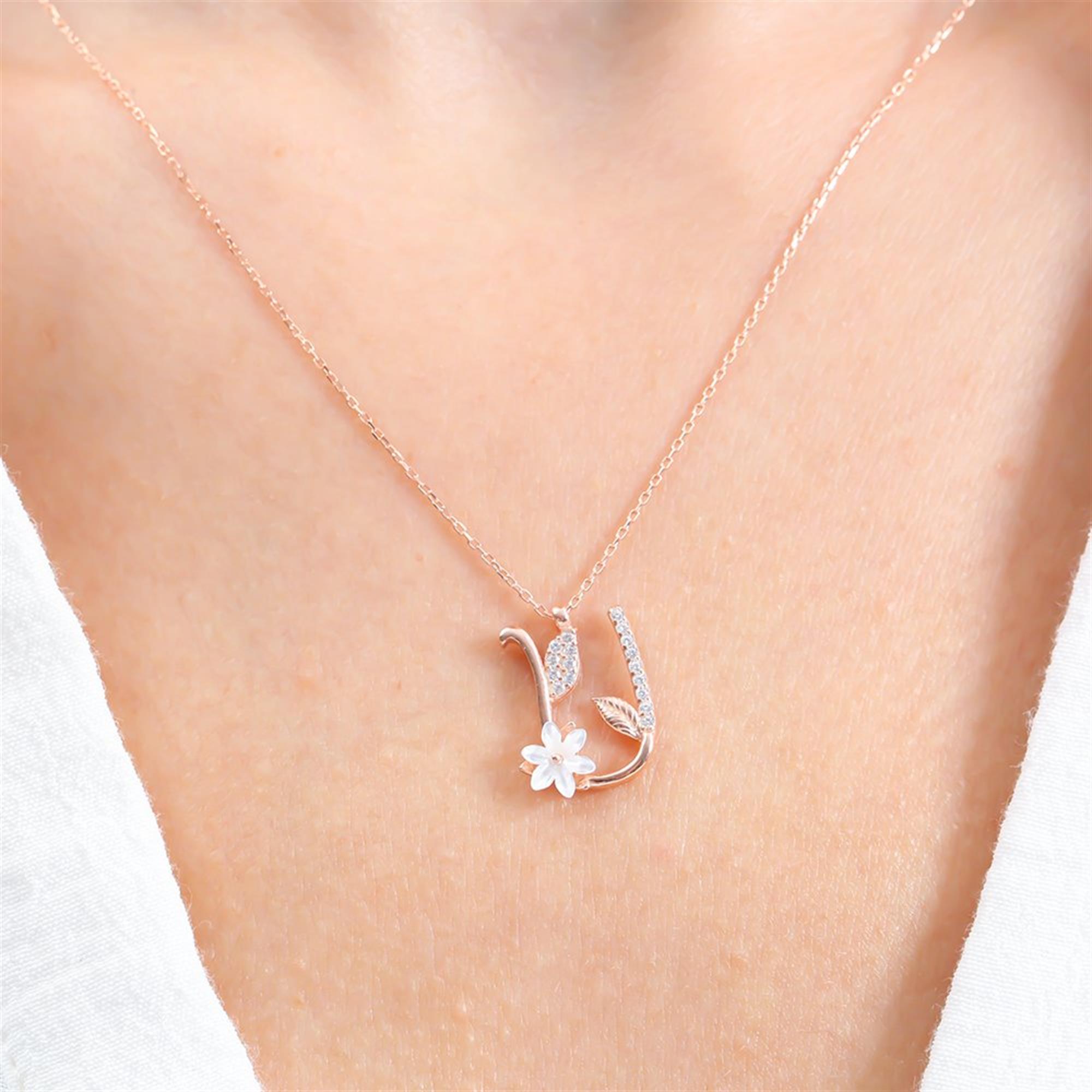 U Letter Magnolia Flower Rose Gold Necklace