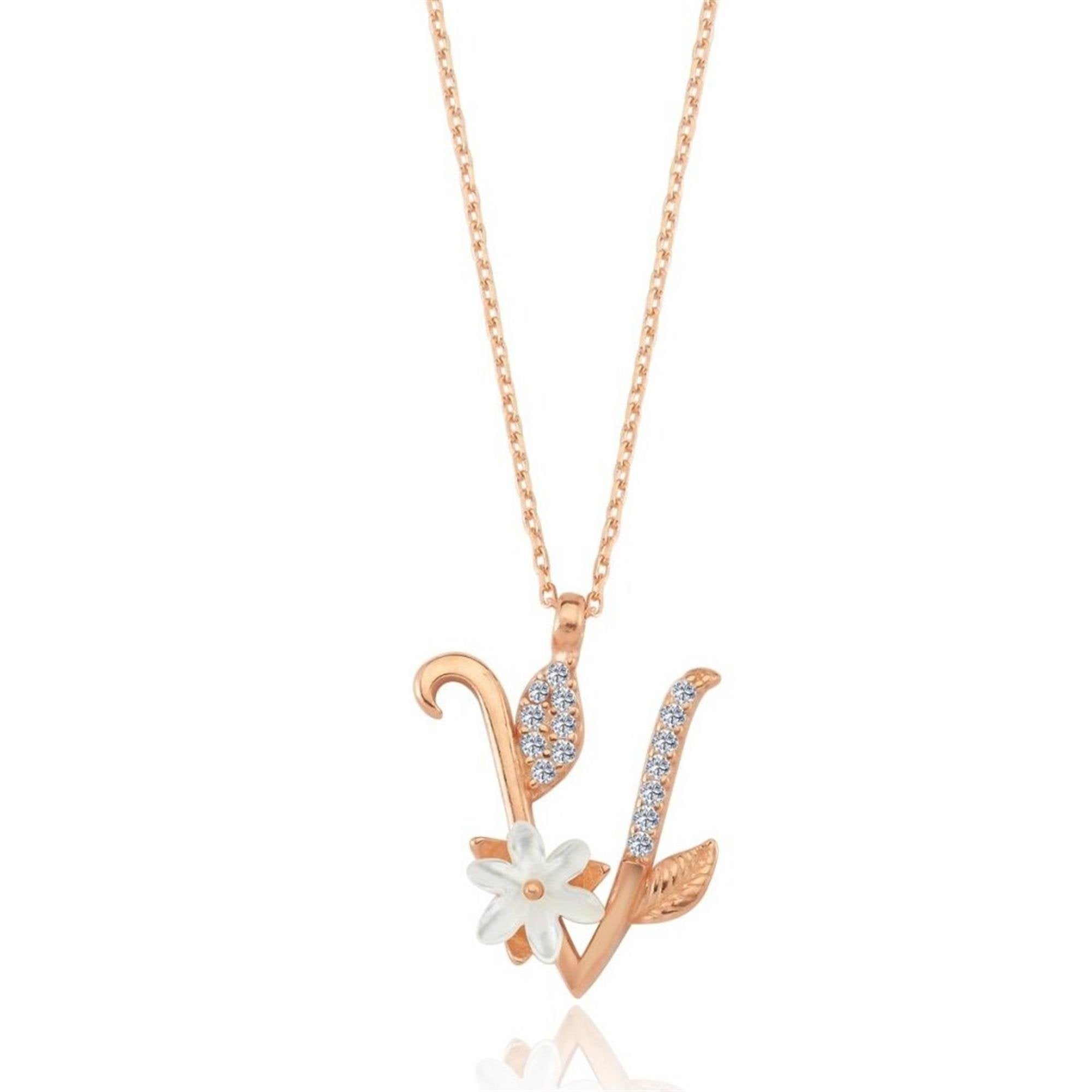 V Letter Magnolia Flower Rose Gold Necklace