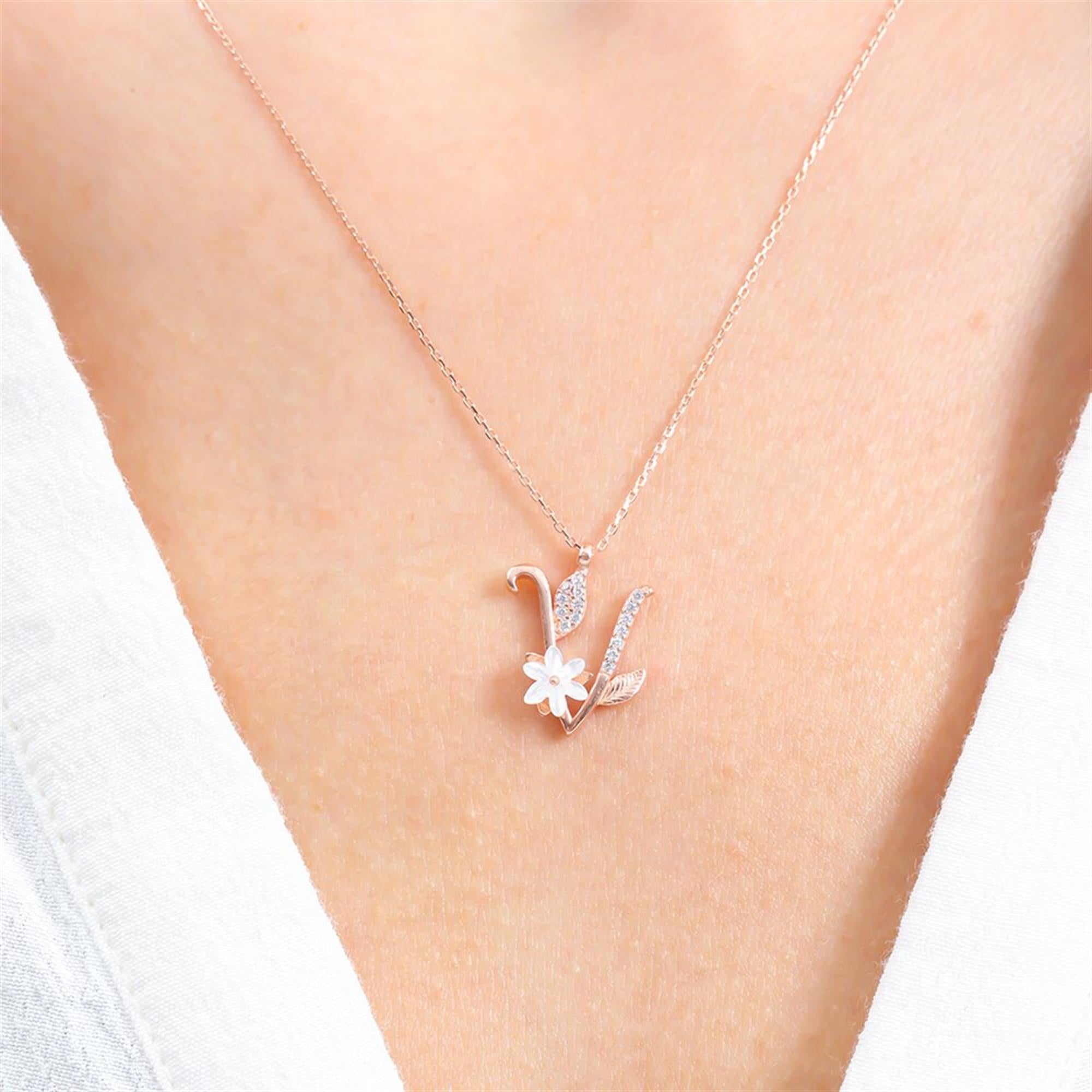 V Letter Magnolia Flower Rose Gold Necklace