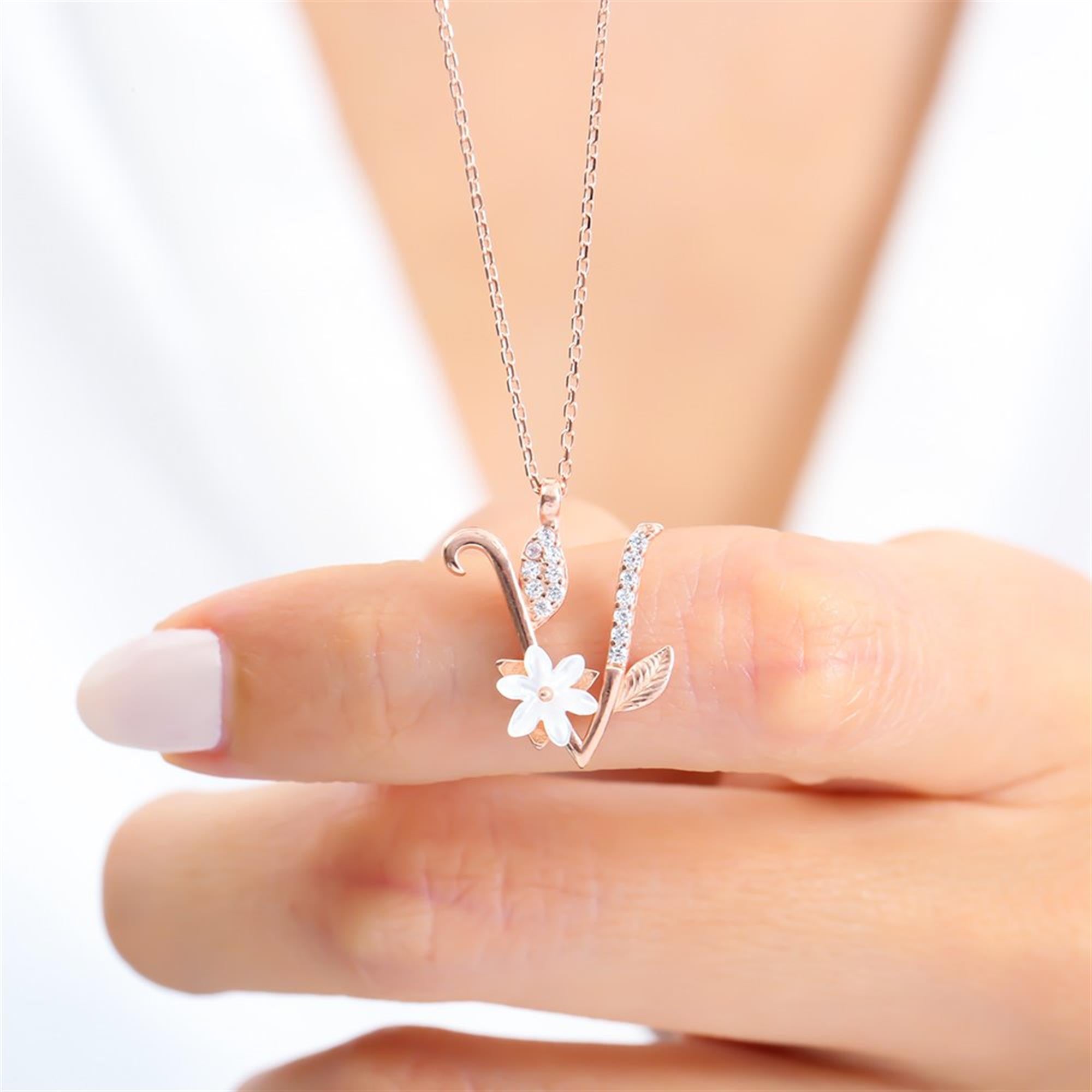 V Letter Magnolia Flower Rose Gold Necklace