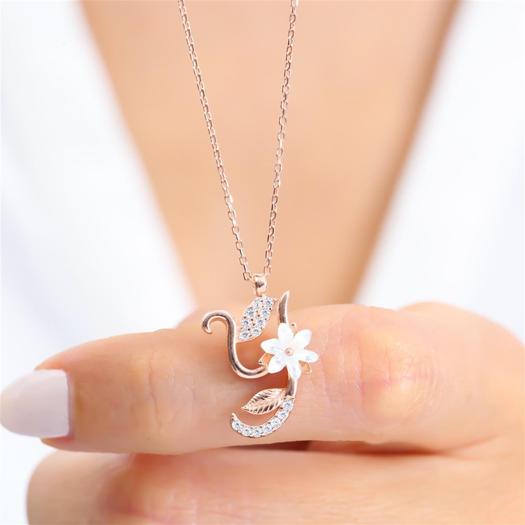Y Letter Magnolia Flower Rose Gold Necklace
