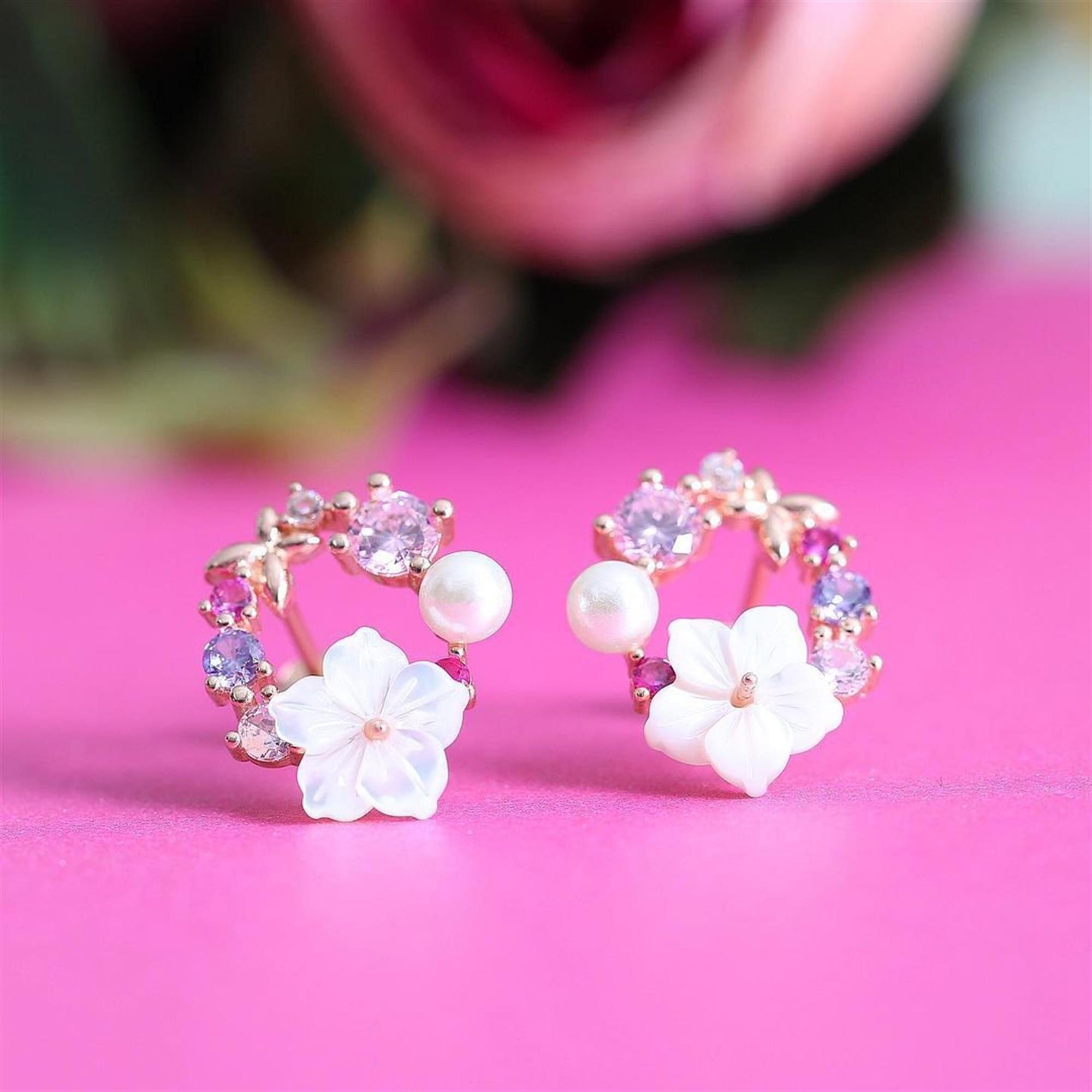 Italian Design Floral Hoop Rose Gold Earrings