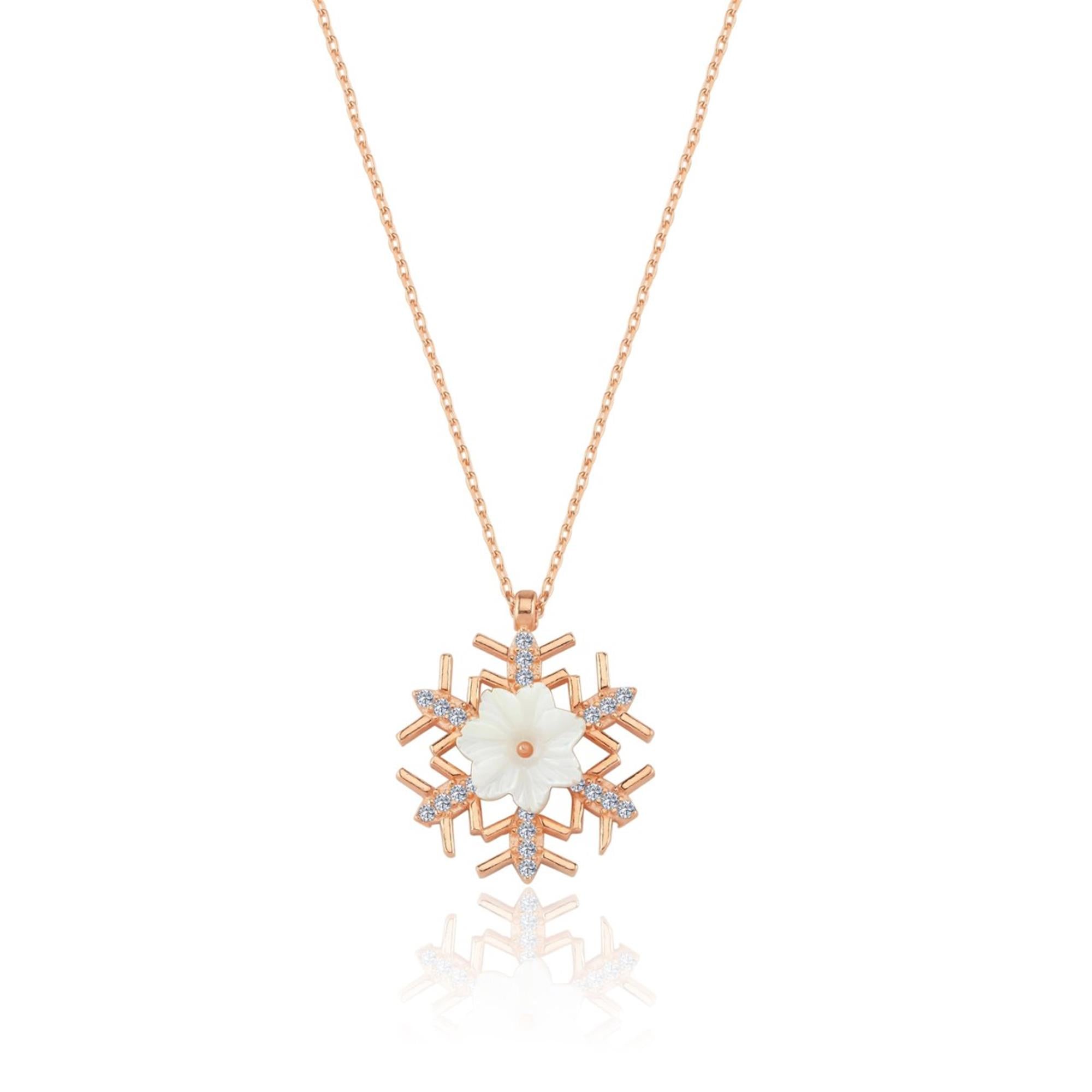 Snowflake Magnolia Flowers Rose Gold Necklace