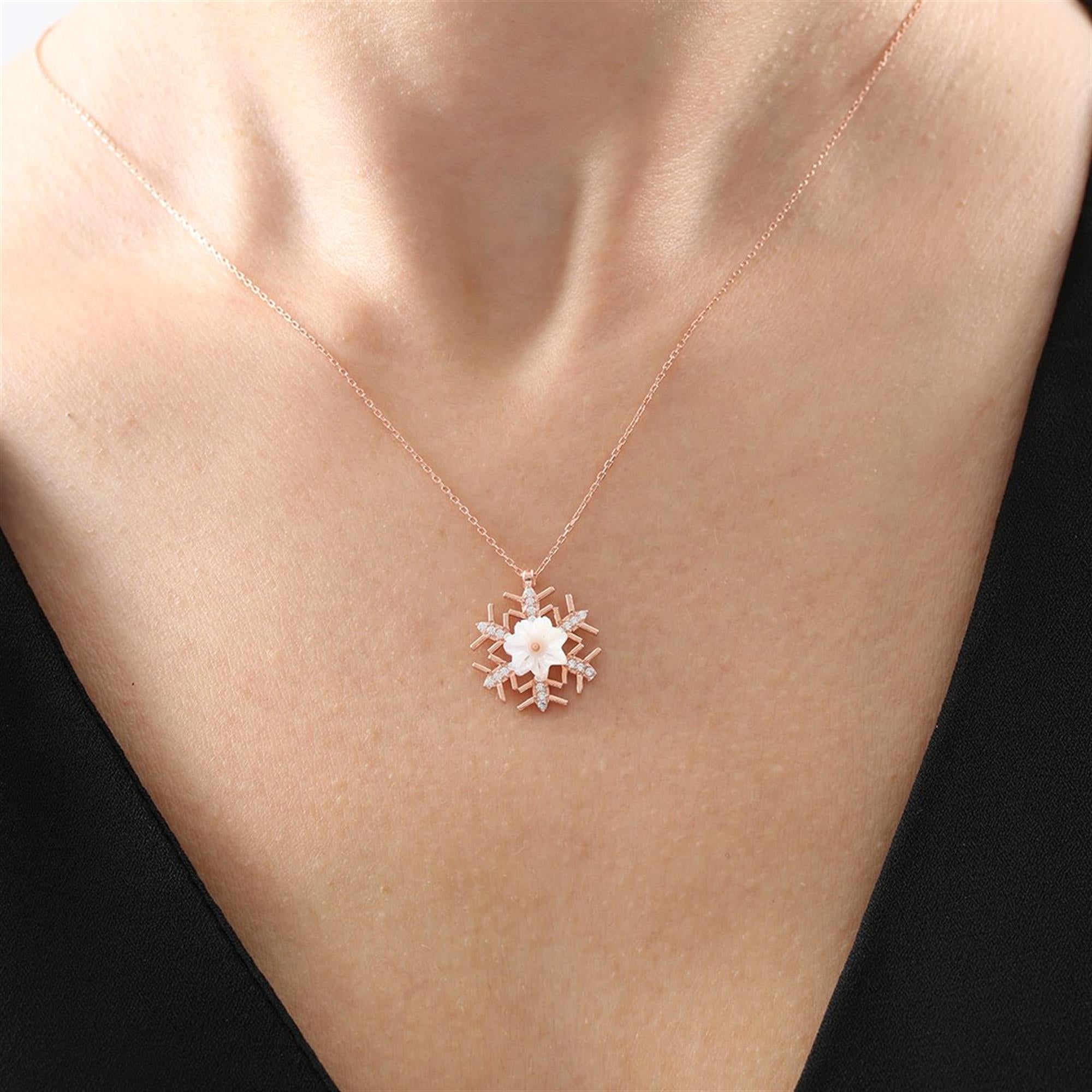 Snowflake Magnolia Flowers Rose Gold Necklace