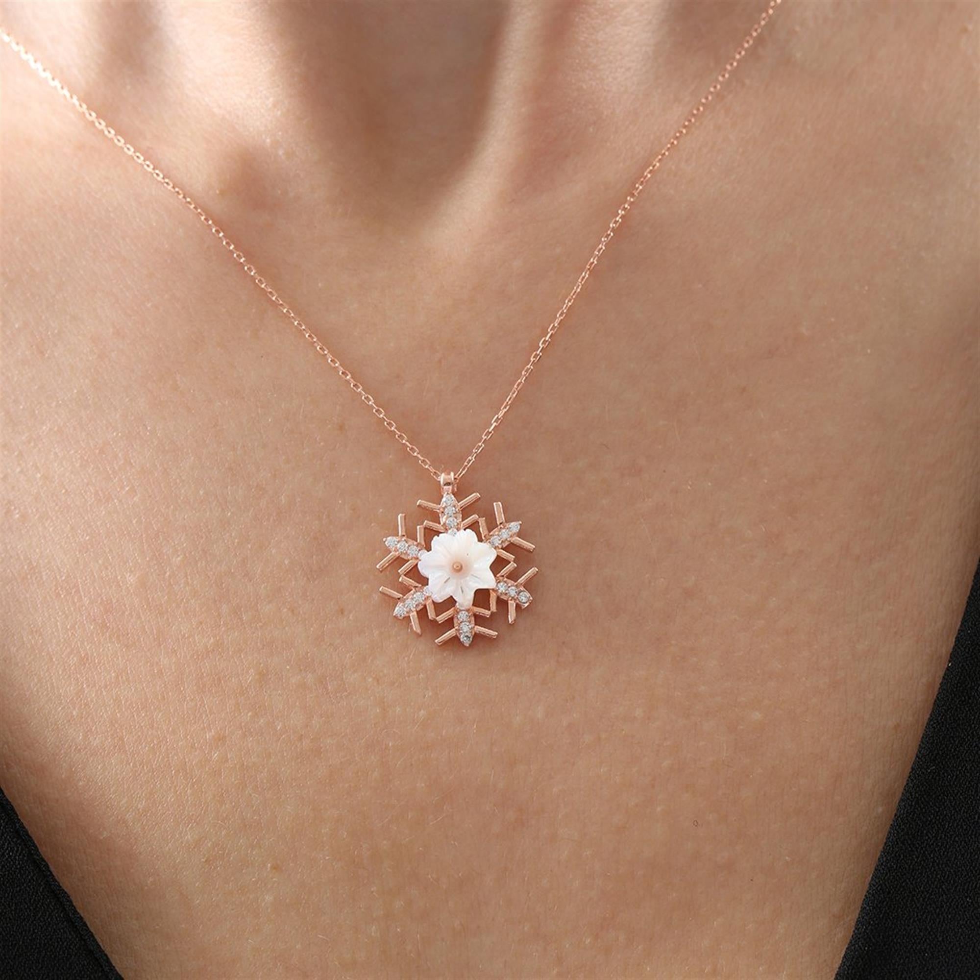 Snowflake Magnolia Flowers Rose Gold Necklace