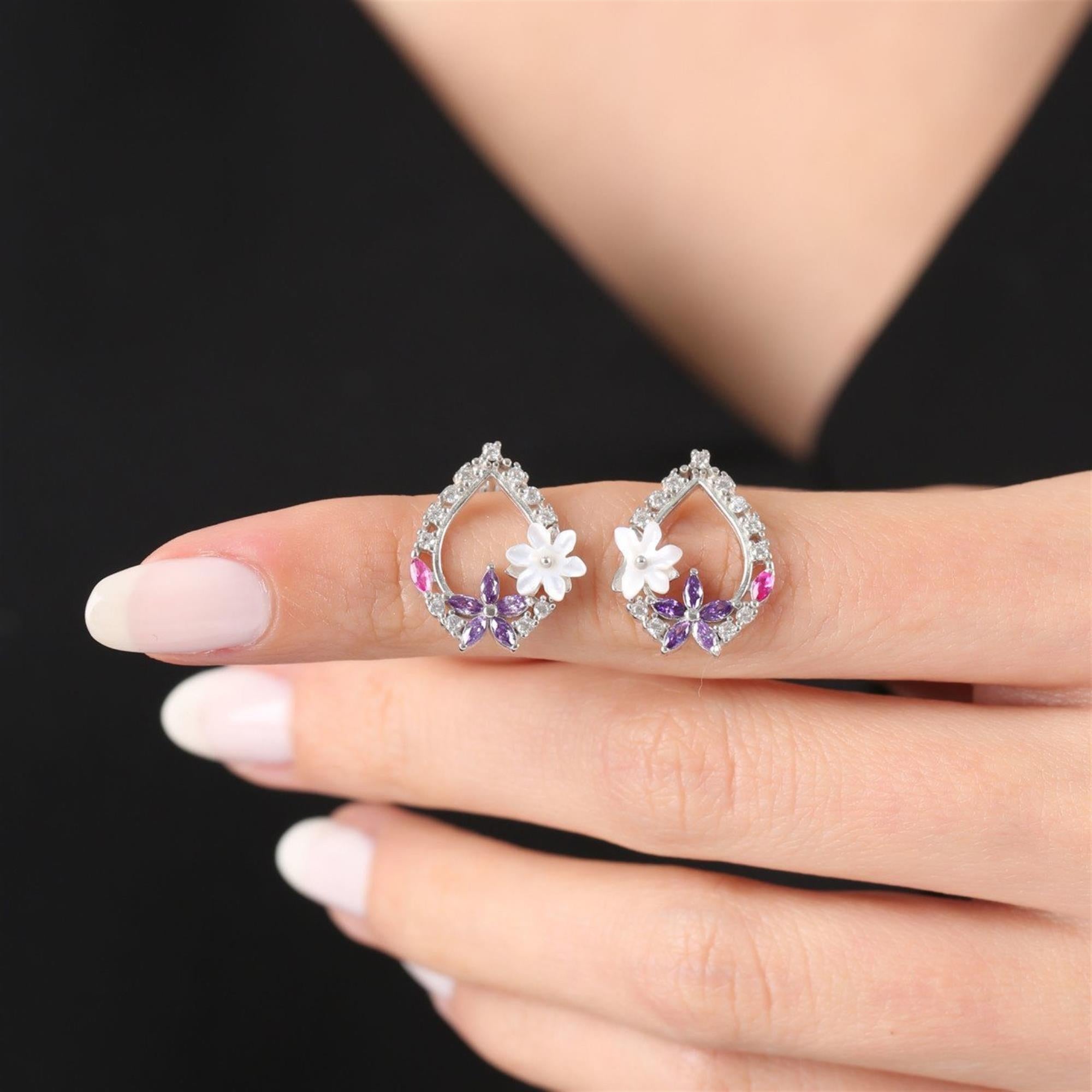Magnolia Flower Amethyst Drop Silver Earrings