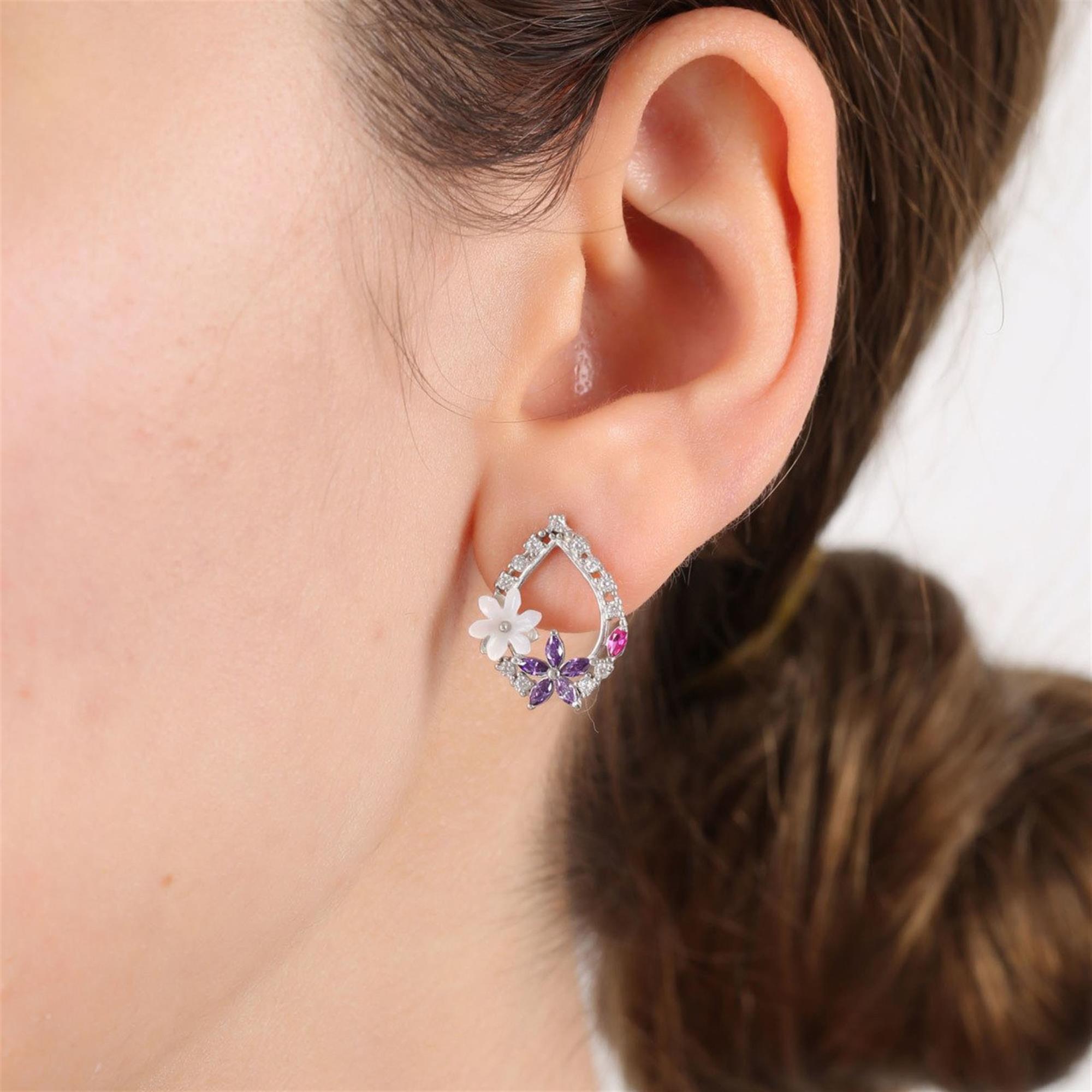Magnolia Flower Amethyst Drop Silver Earrings
