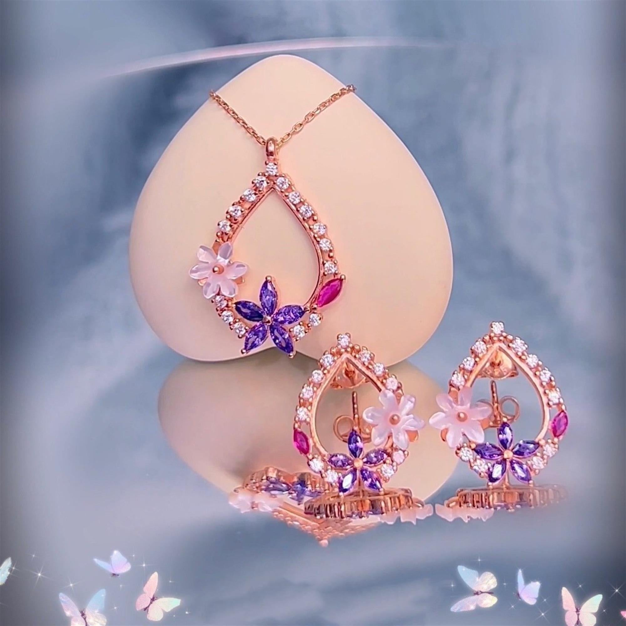 Magnolia & Amethyst Blossom Teardrop Jewelry Set