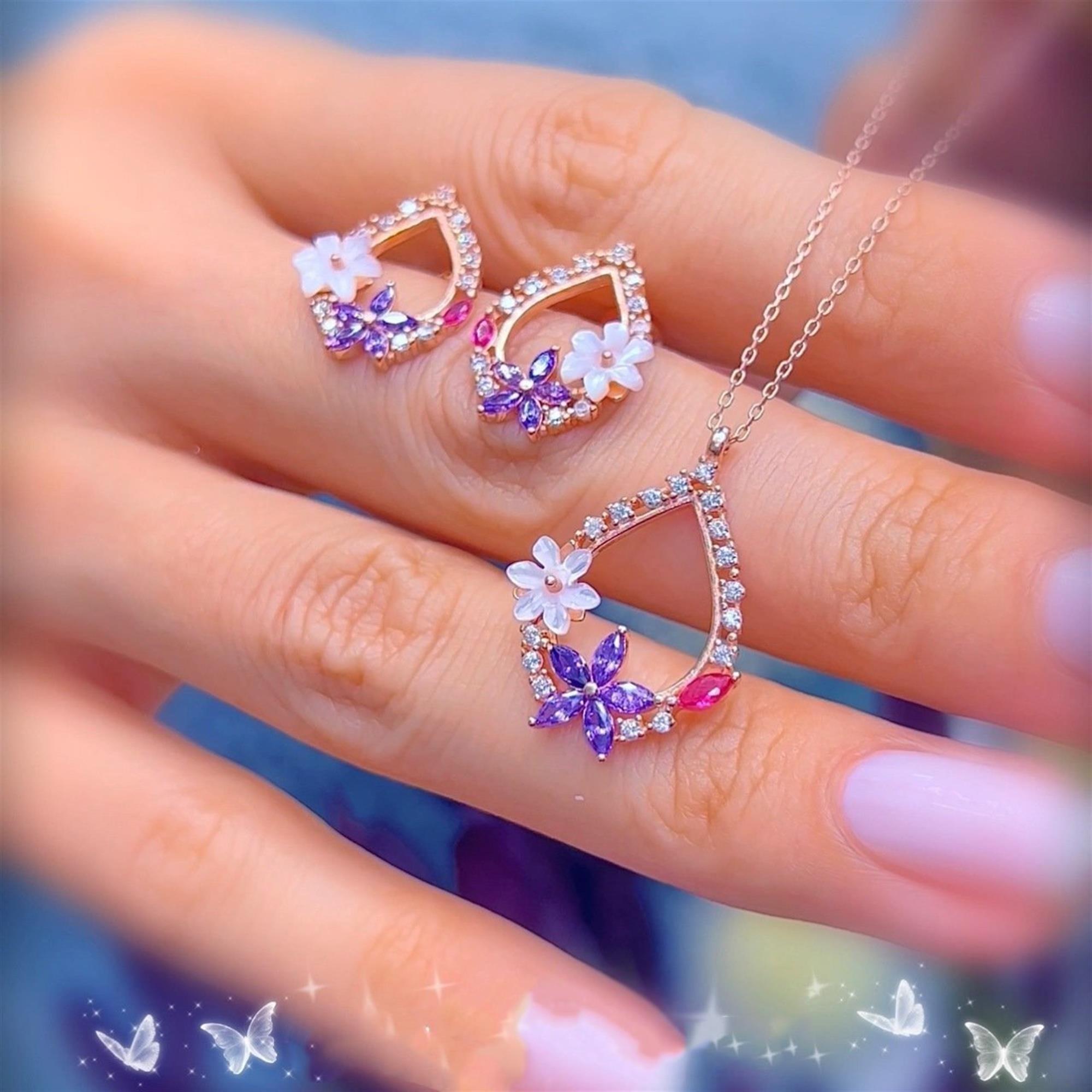 Magnolia & Amethyst Blossom Teardrop Jewelry Set