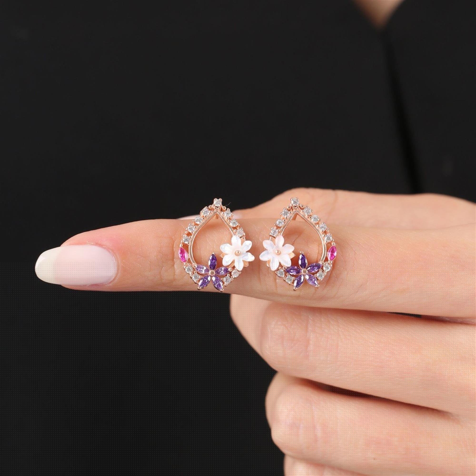 Magnolia Flower Amethyst Drop Rose Gold Earrings