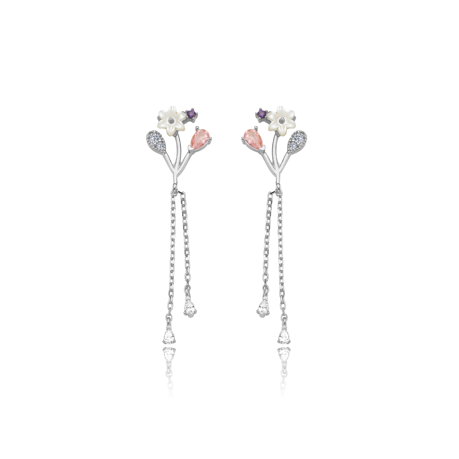 Magnolia Flower Bouquet Drop Silver Earrings