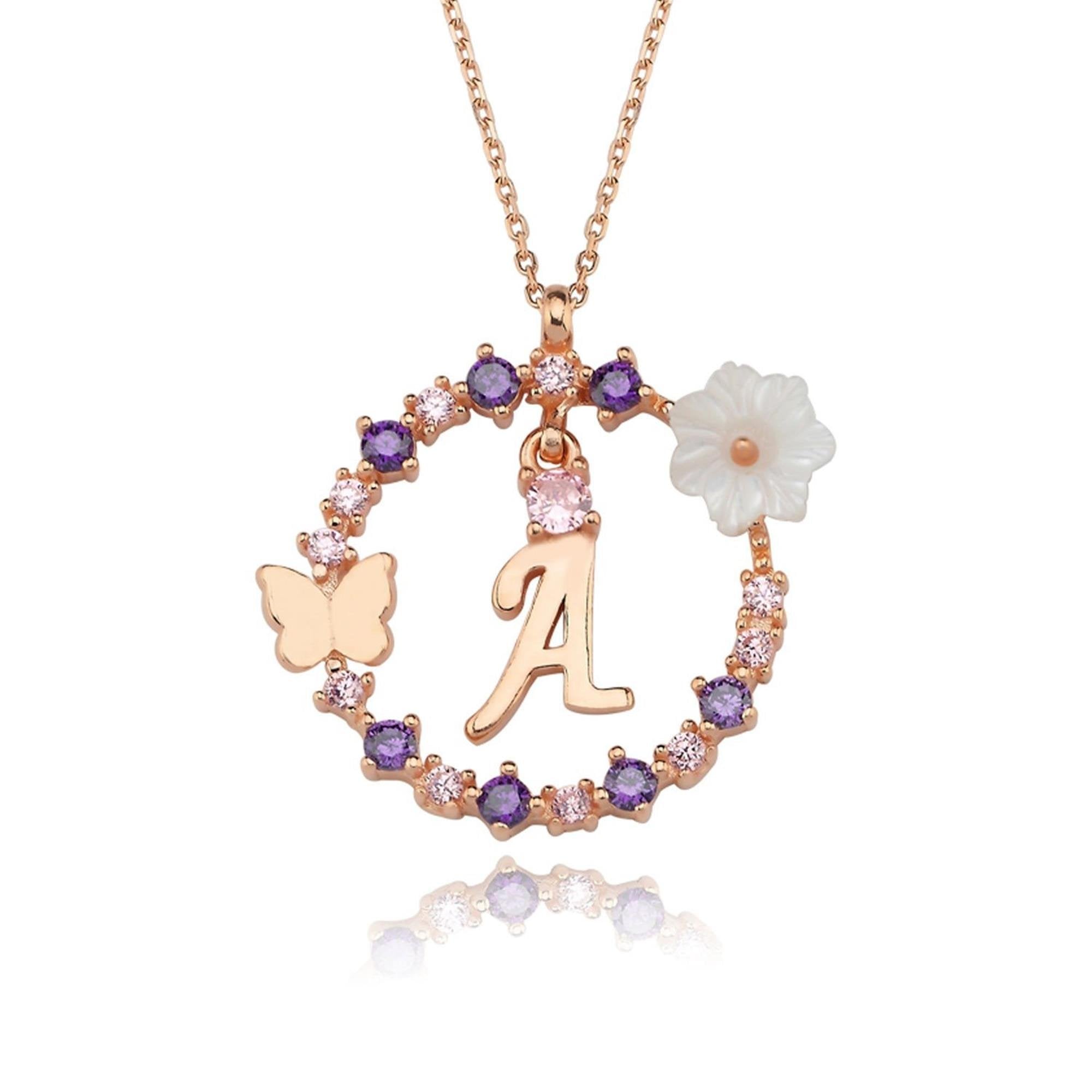 A Letter Magnolia Flower Rose Gold Plated Silver Necklace