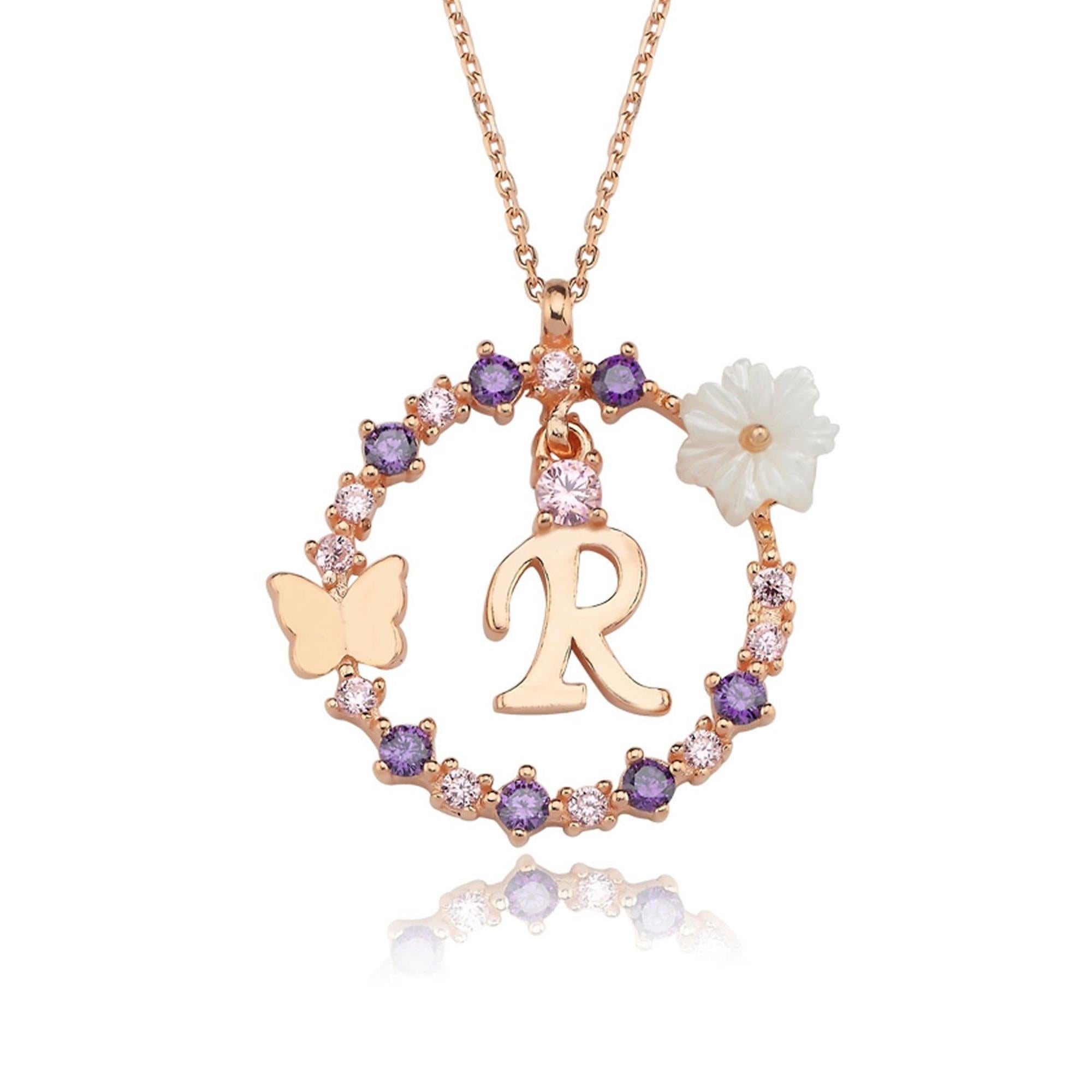 R Letter Magnolia Flower Rose Gold Plated Silver Necklace