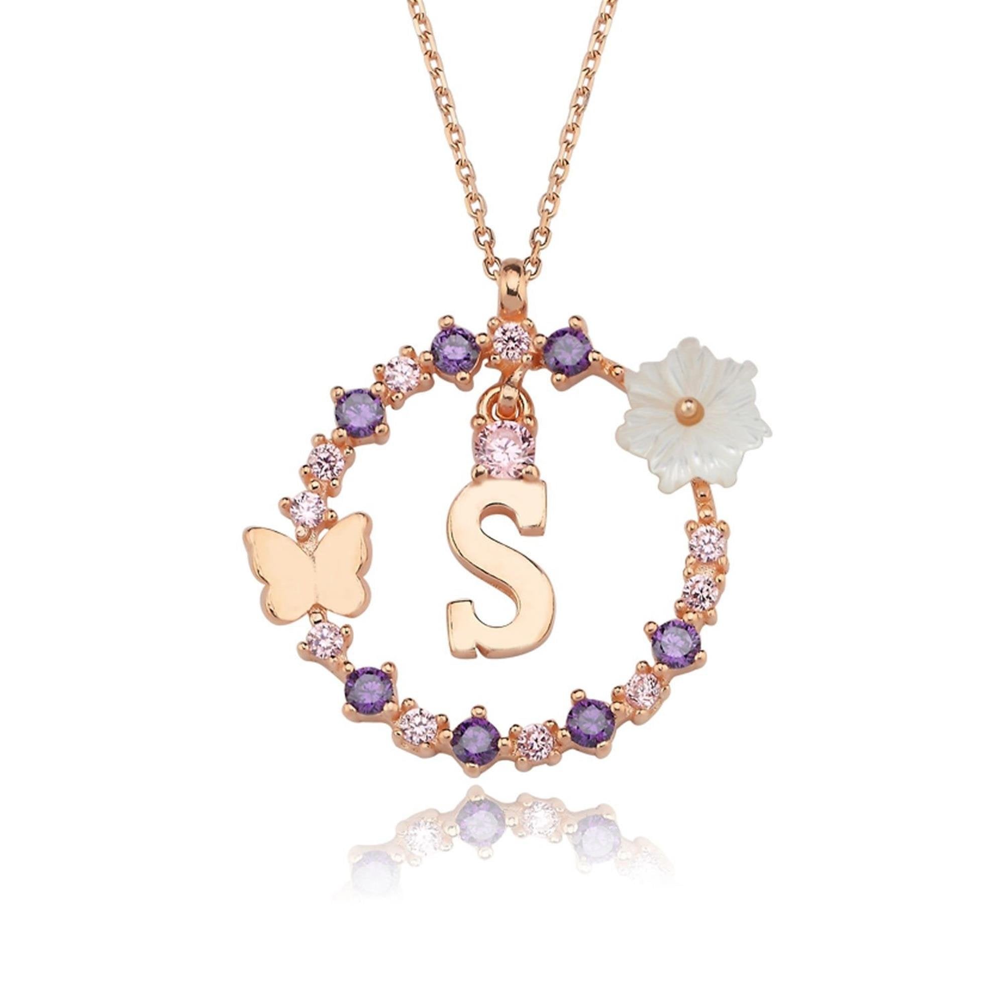 S Letter Magnolia Flower Rose Gold Plated Silver Necklace