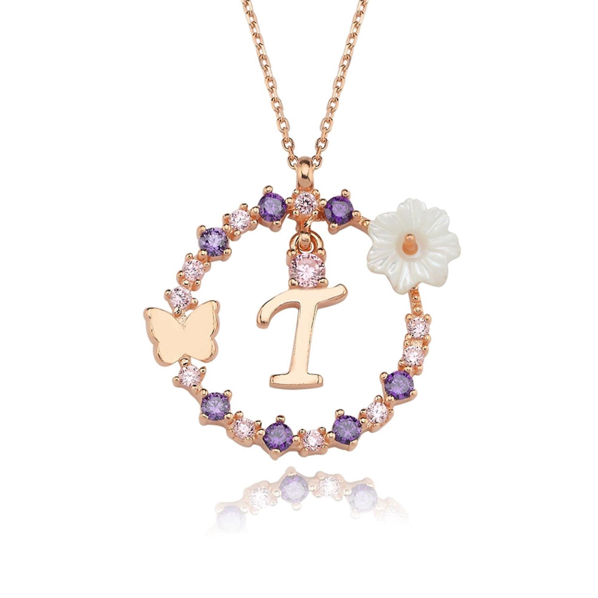T Letter Magnolia Flower Rose Gold Plated Silver Necklace