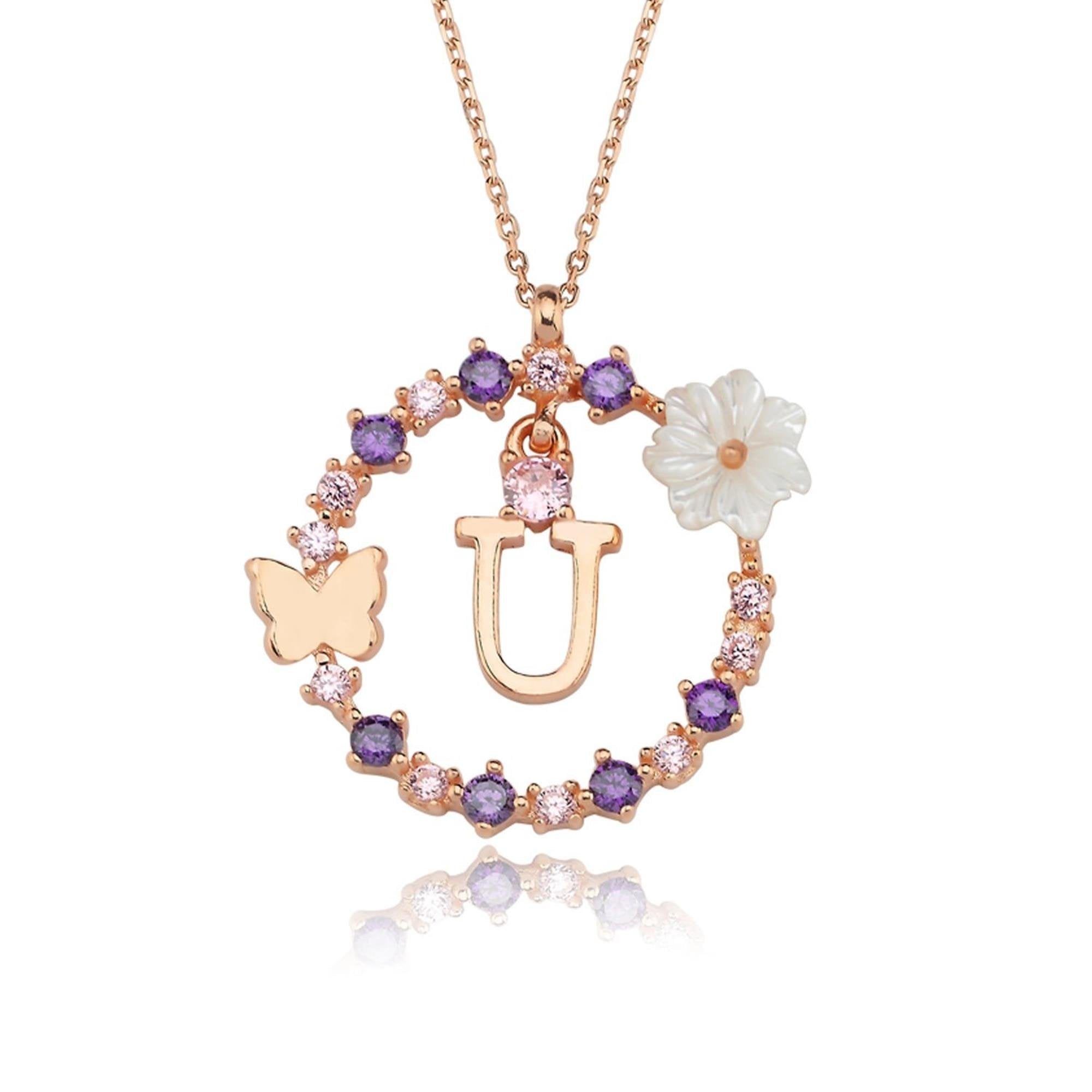 U Letter Magnolia Flower Rose Gold Plated Silver Necklace