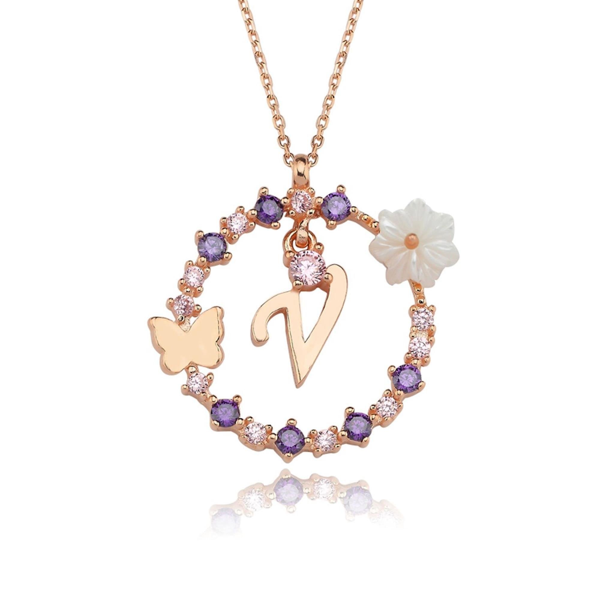 V Letter Magnolia Flower Rose Gold Plated Silver Necklace