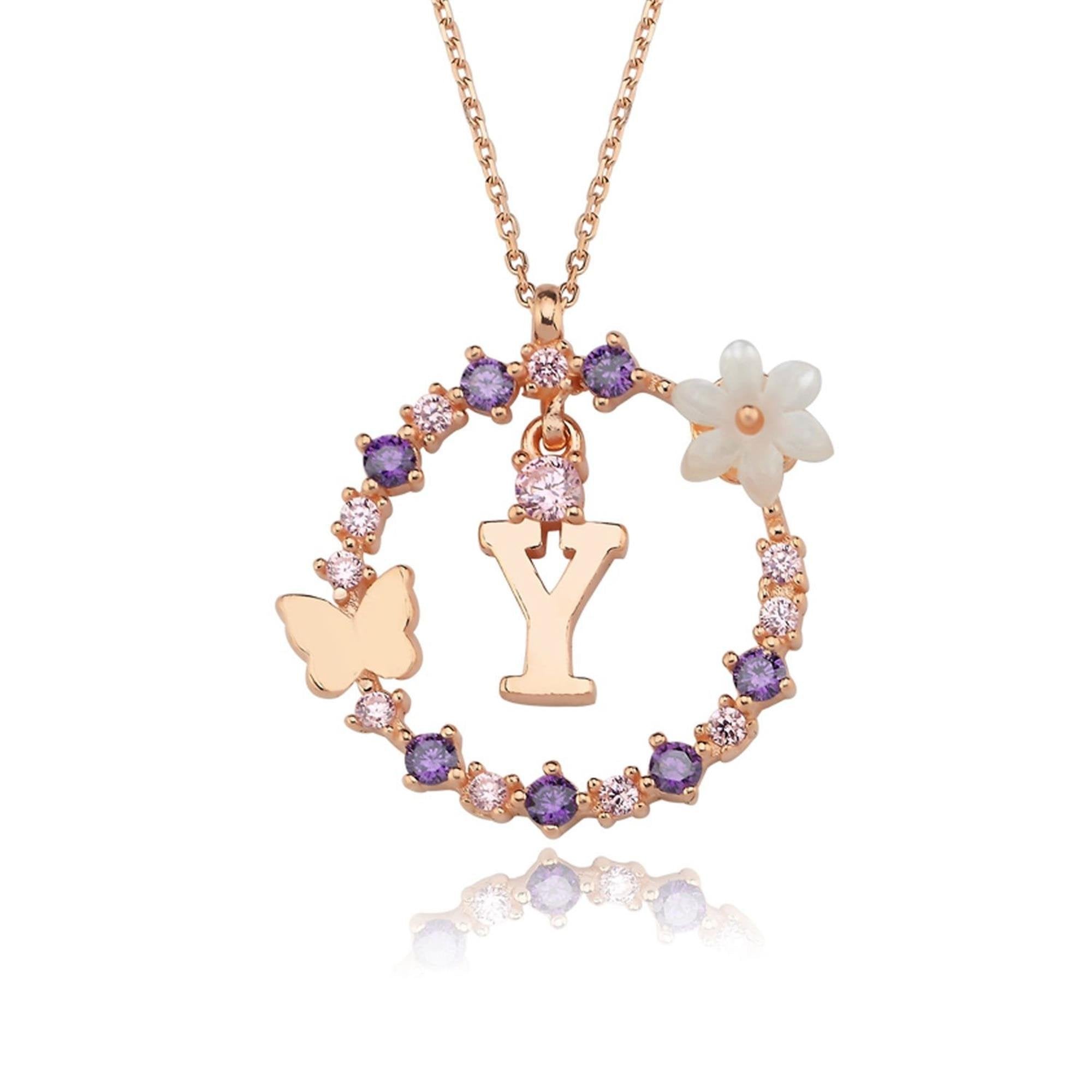 Y Letter Magnolia Flower Rose Gold Plated Silver Necklace