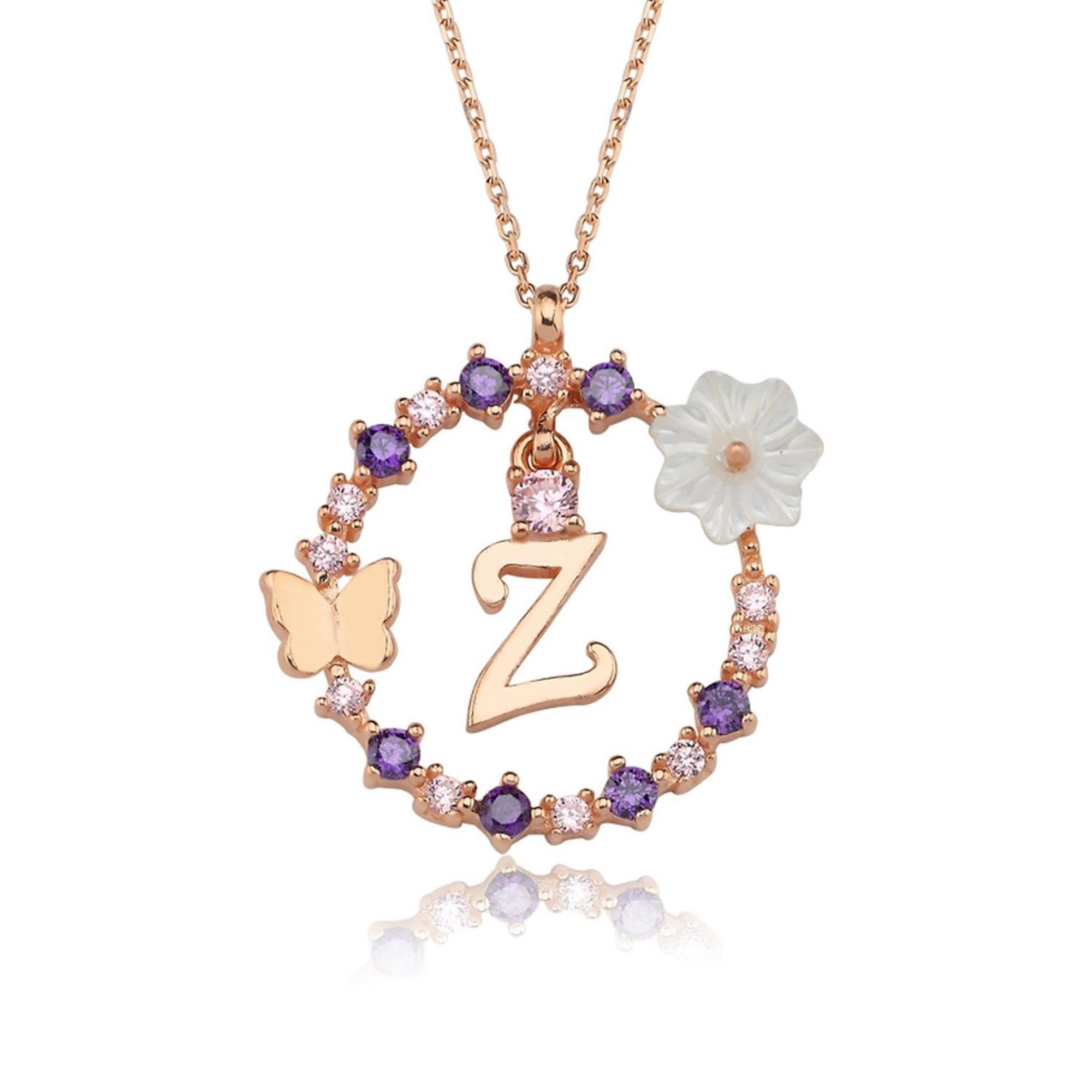 Z Letter Magnolia Flower Rose Gold Plated Silver Necklace