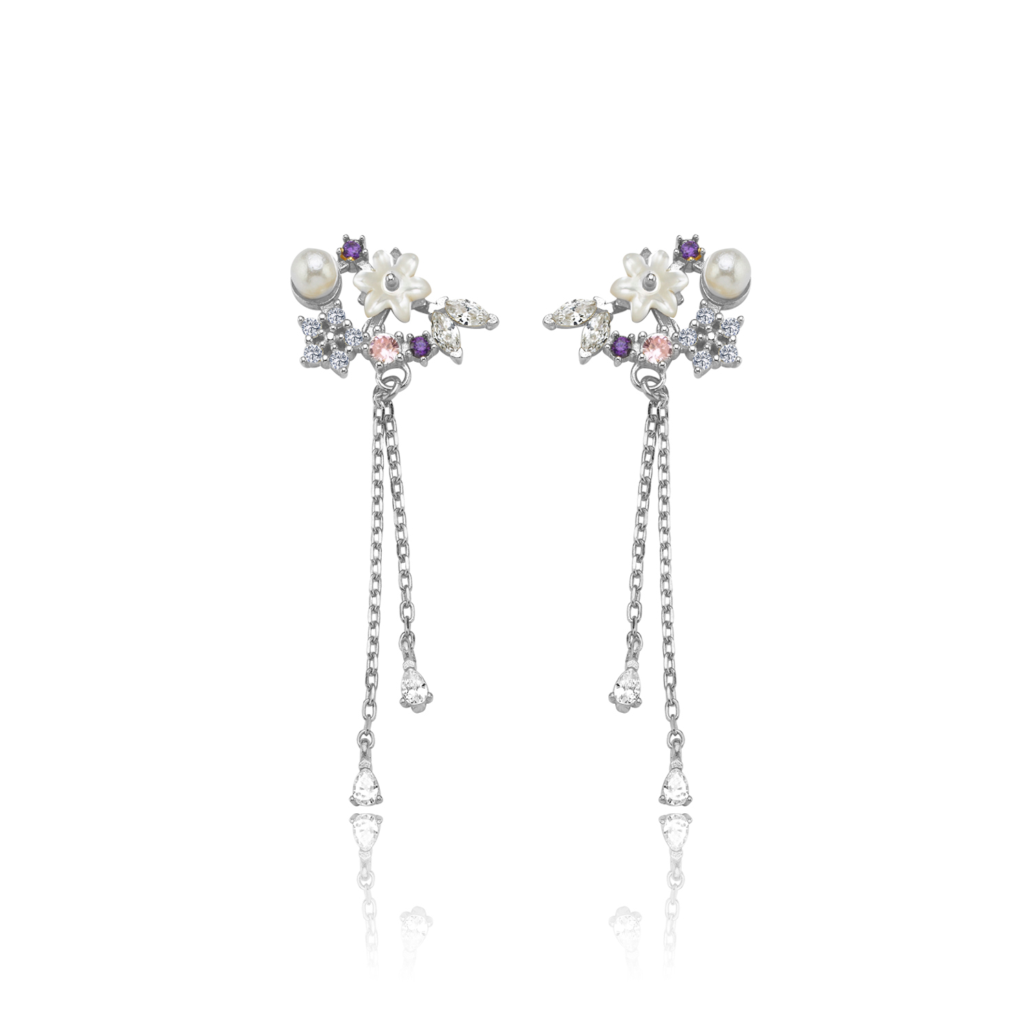 Magnolia Flower Pearl Drop Silver Earrings