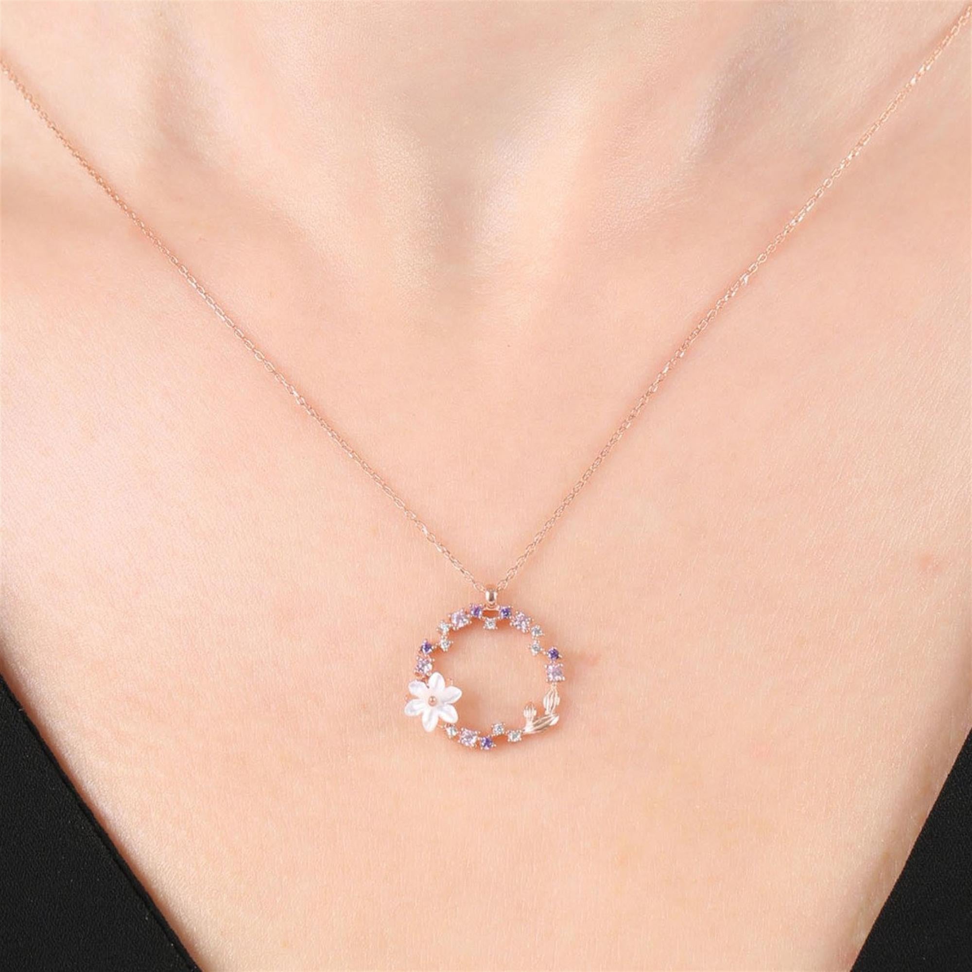 Magnolia Flowers Love Circle Rose Gold Necklace