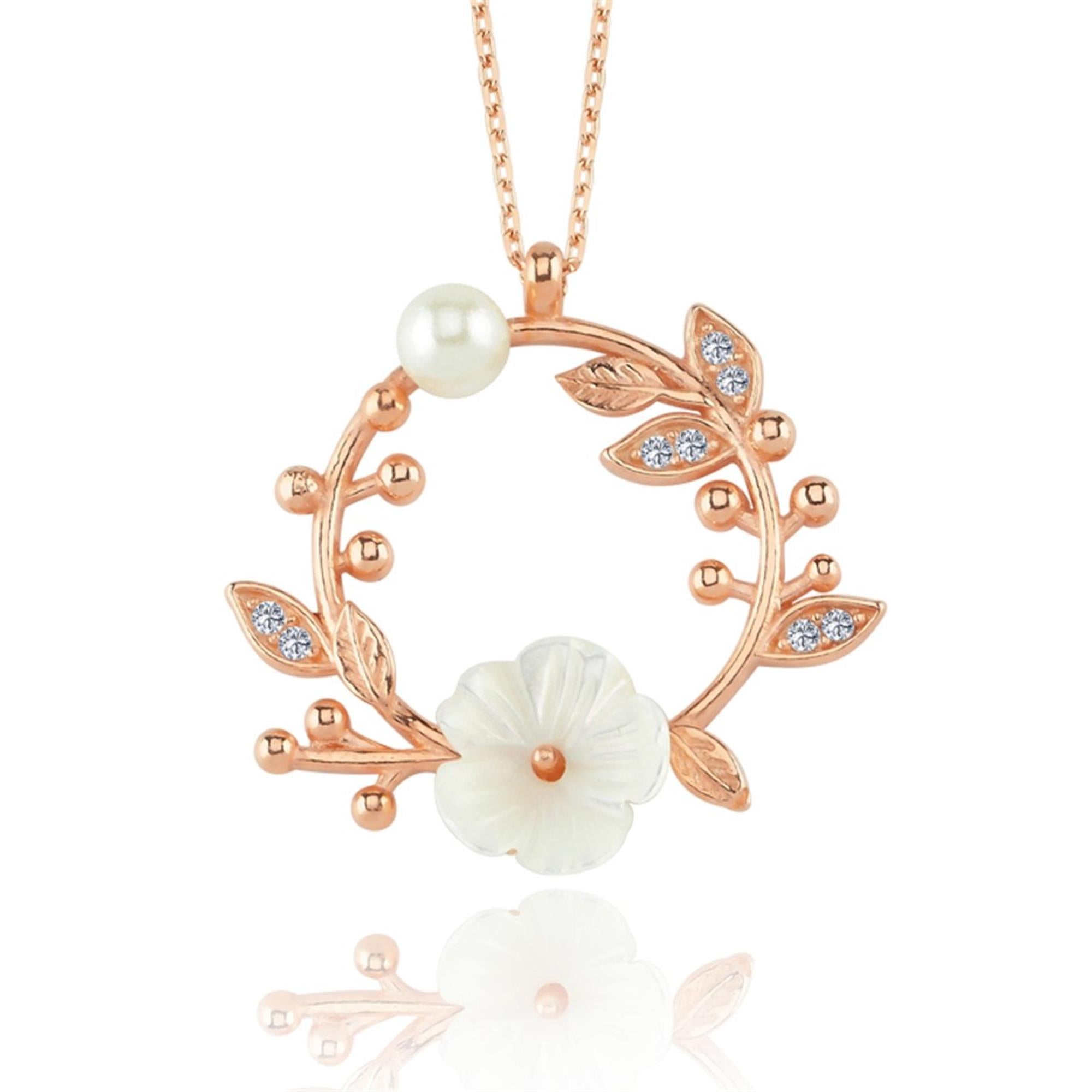 Roségoldene Kranzkette mit weißer Magnolienblume, funkelnden Blättern, Perle und Knospen