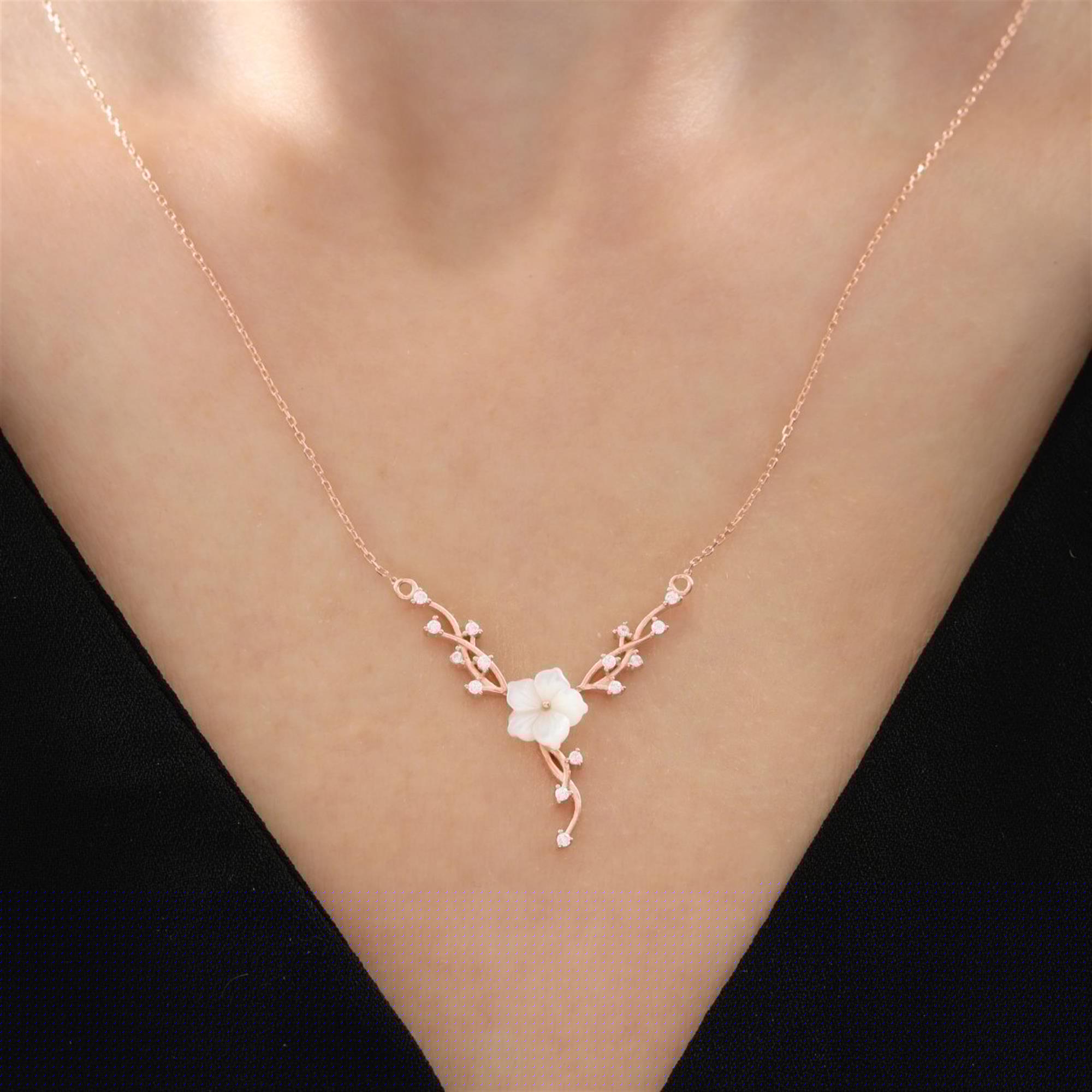 Dainty Magnolia Flower Vine Rose Gold Necklace