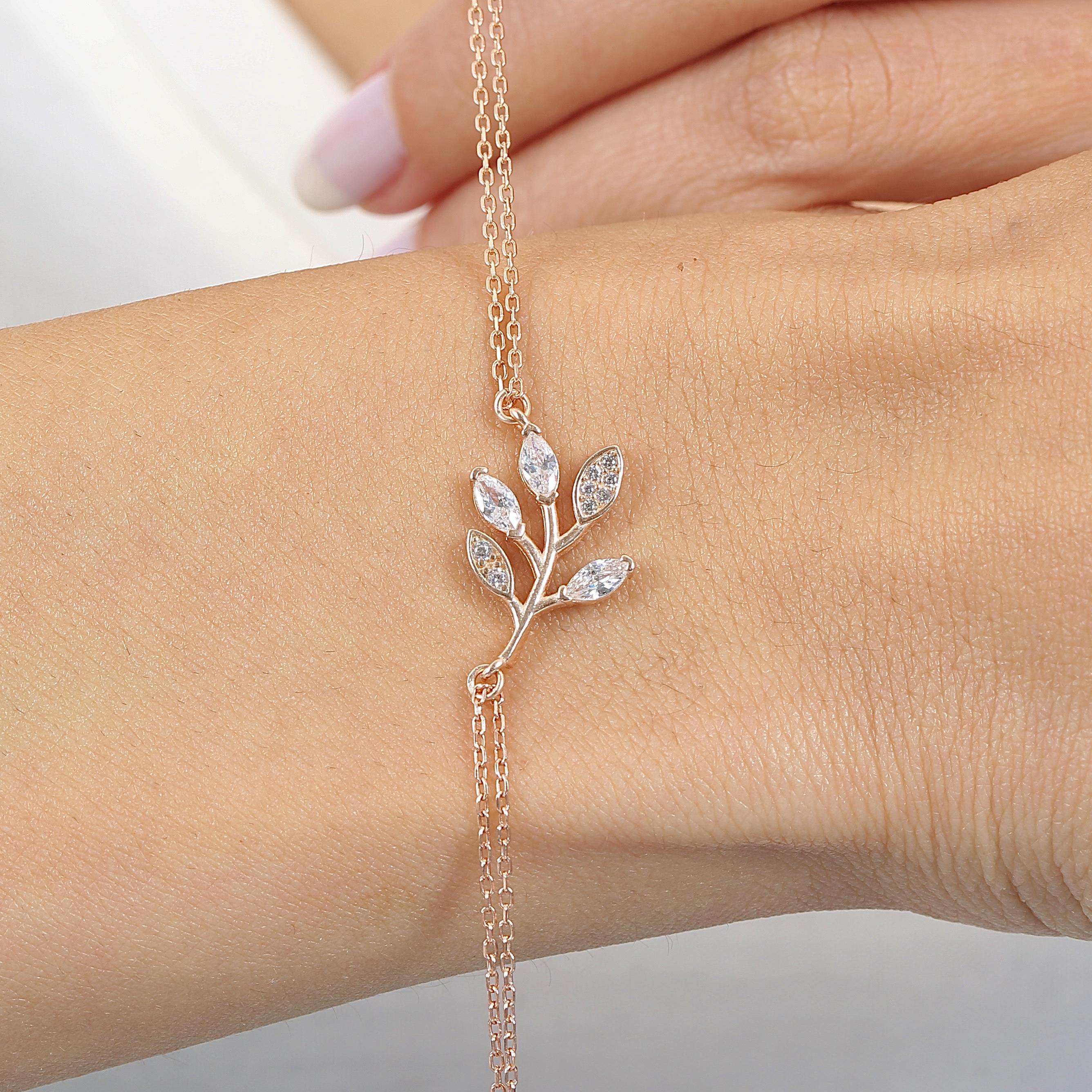 Navette Stone Olive Branch Silver Bracelet