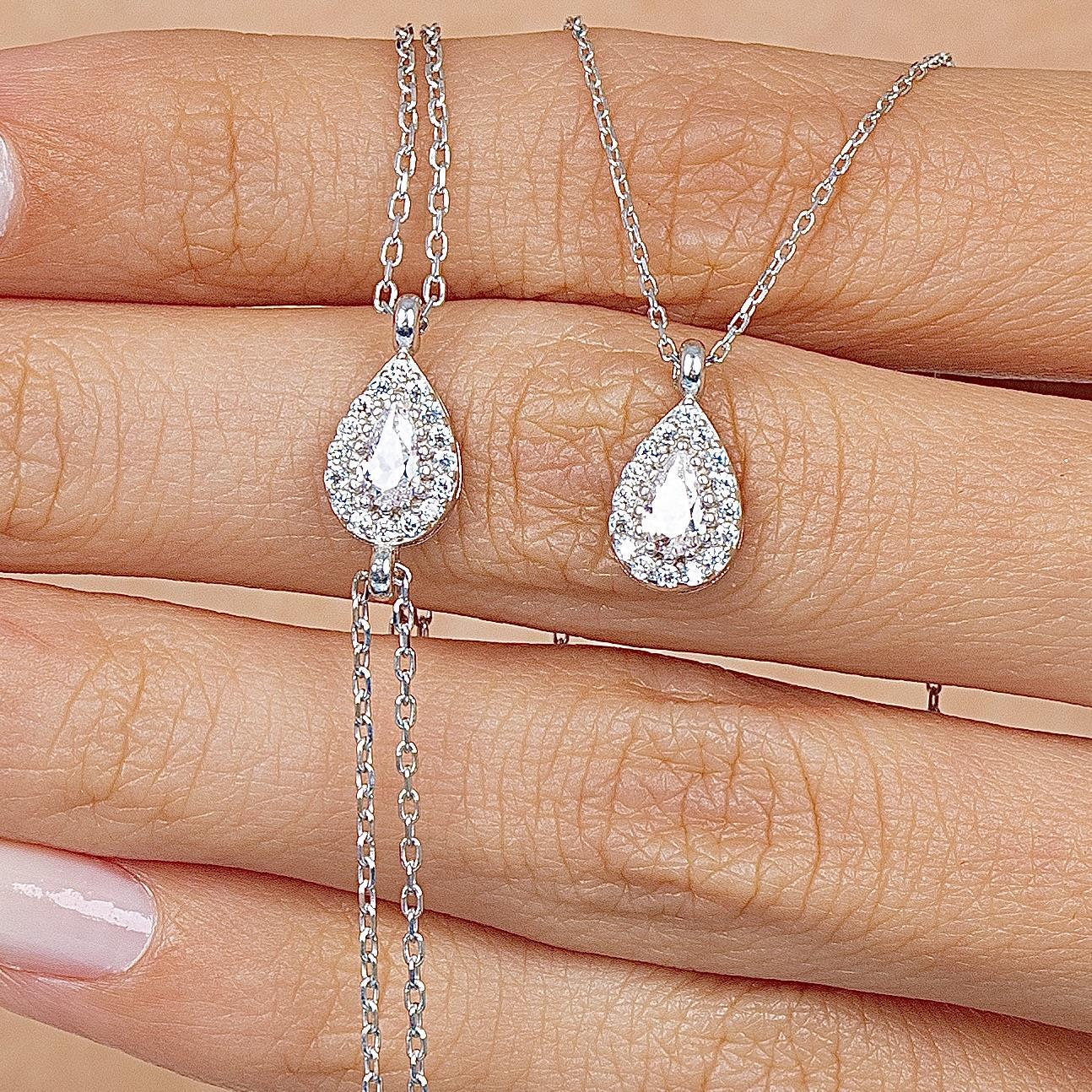 Minimal Teardrop Necklace & Bracelet Silver Set
