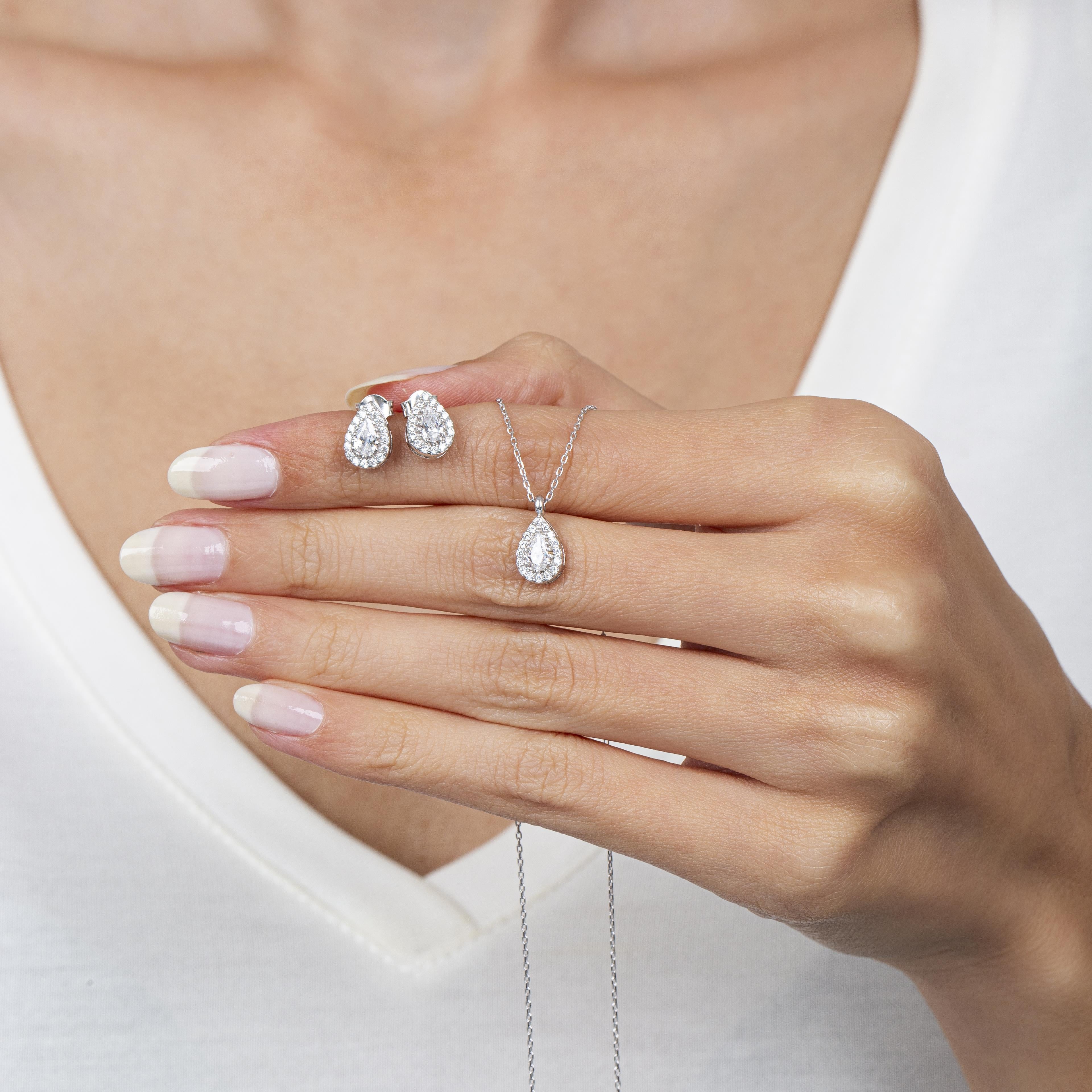 Minimal Diamond Teardrop Silver Necklace & Earring Set