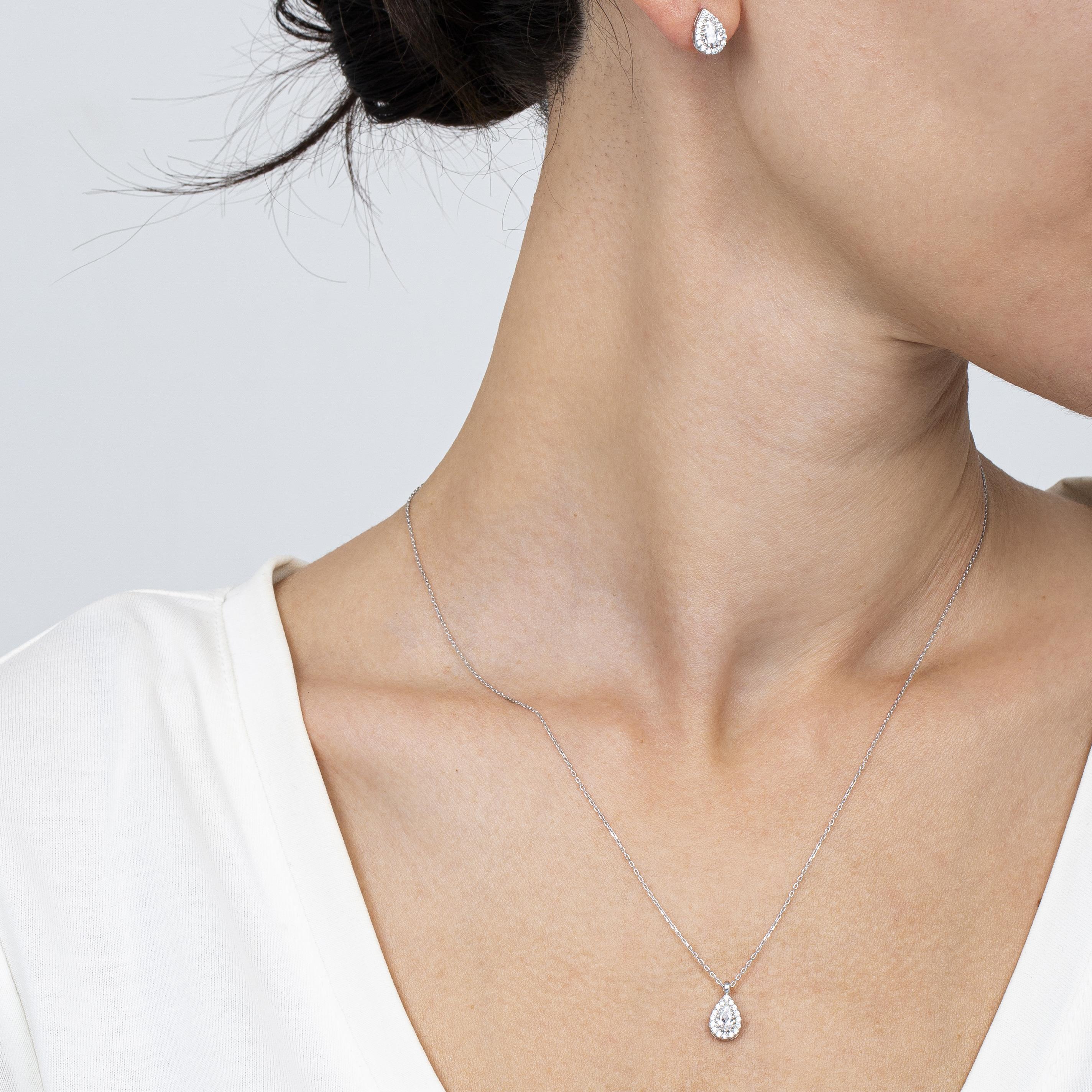 Minimal Diamond Teardrop Silver Necklace & Earring Set