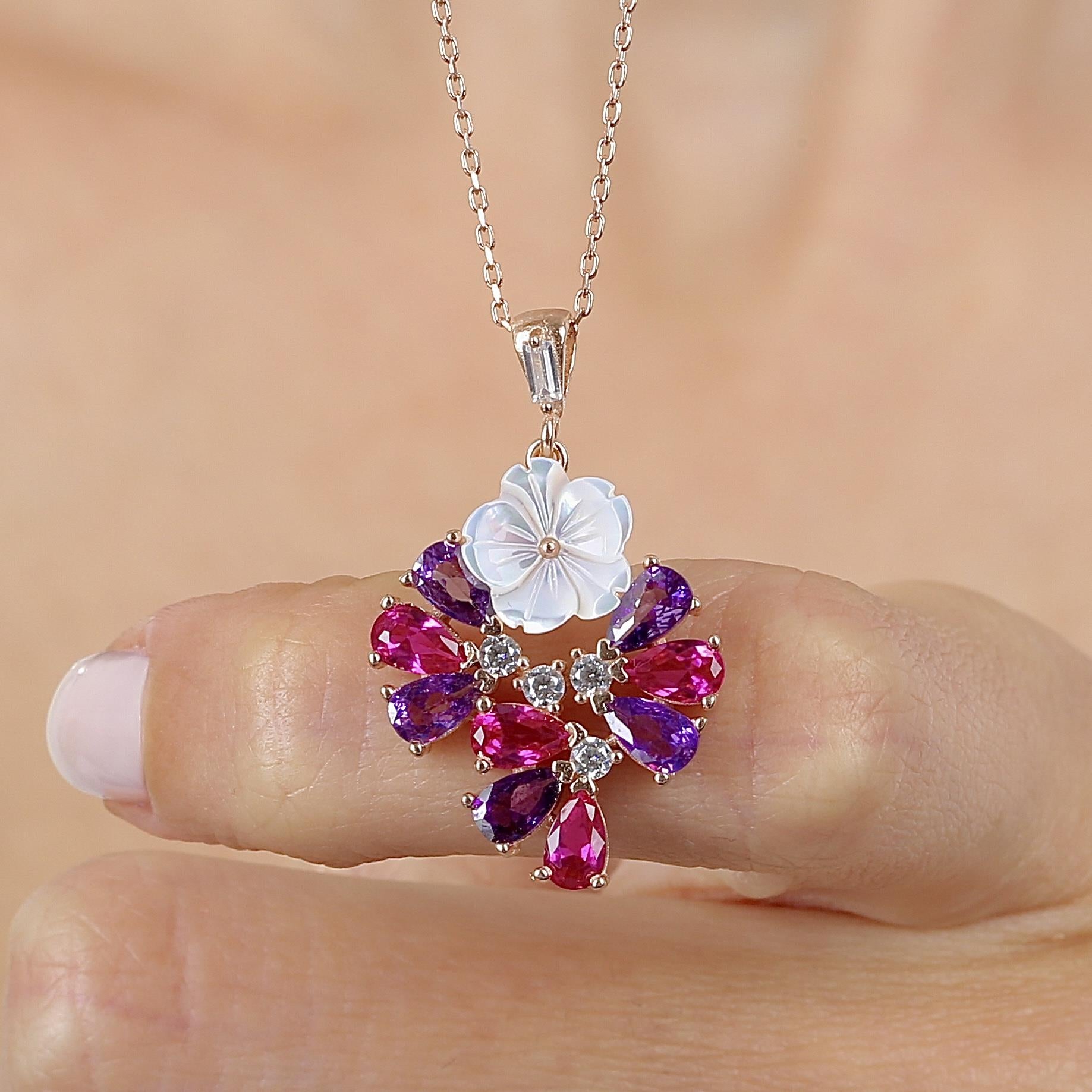Colorful Stone Drop Tale Magnolia Flower Rose Gold Necklace