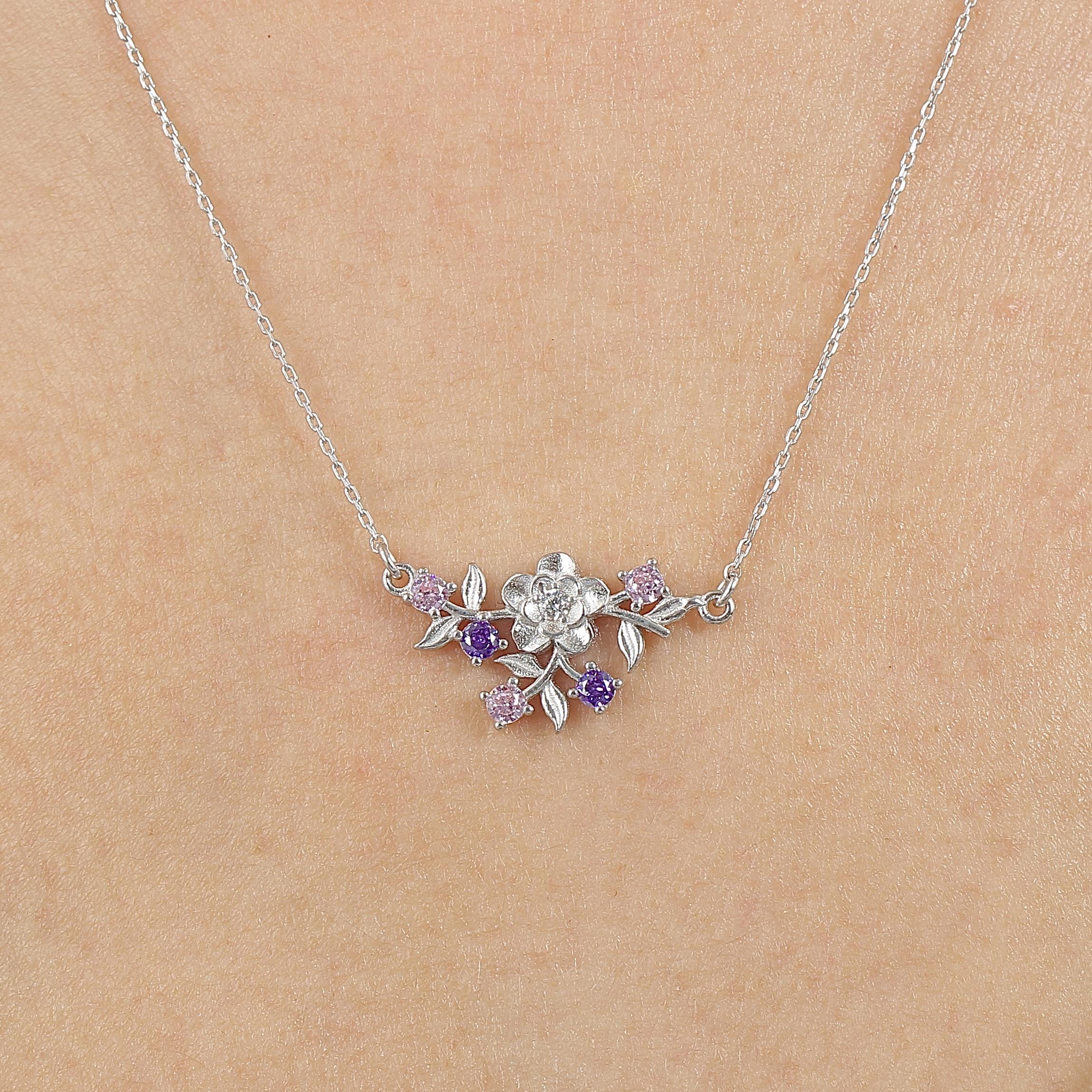 Colorful Stone Sparkling Flower Silver Necklace