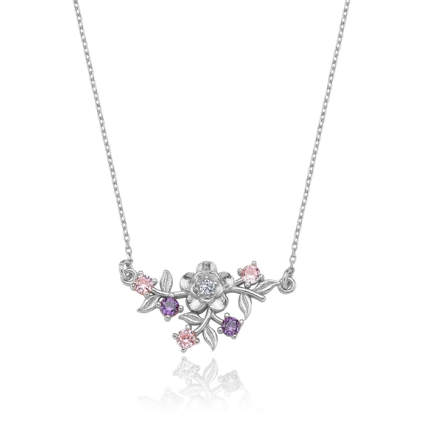Colorful Stone Sparkling Flower Silver Necklace