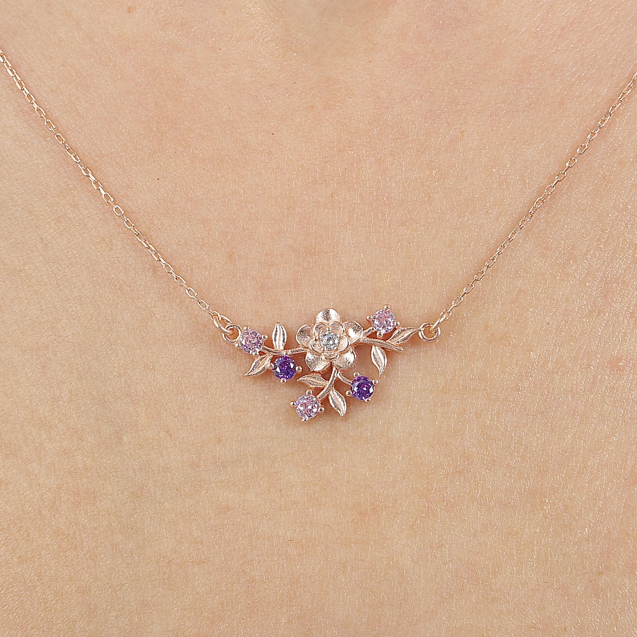 Colorful Stone Sparkling Rose Flower Silver Necklace