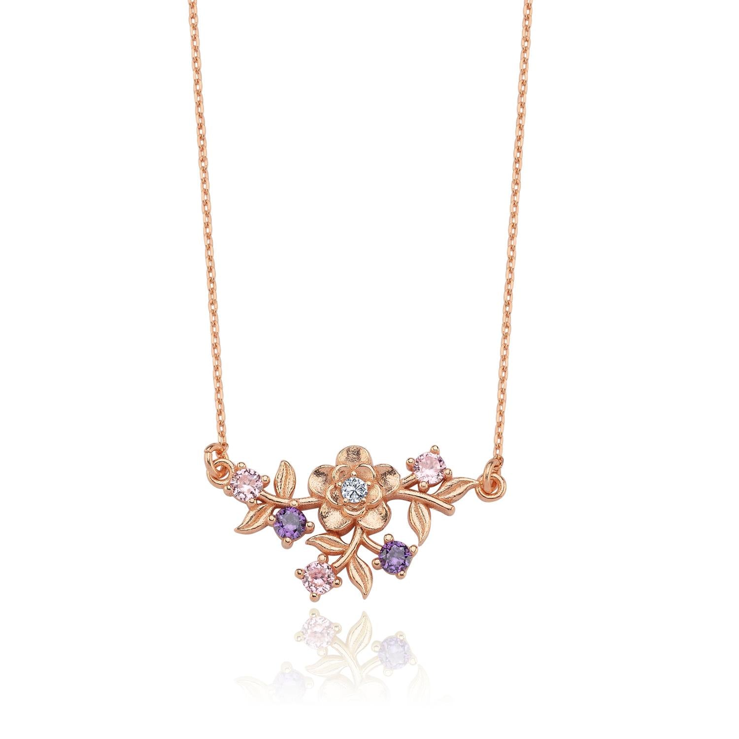 Colorful Stone Sparkling Rose Flower Silver Necklace