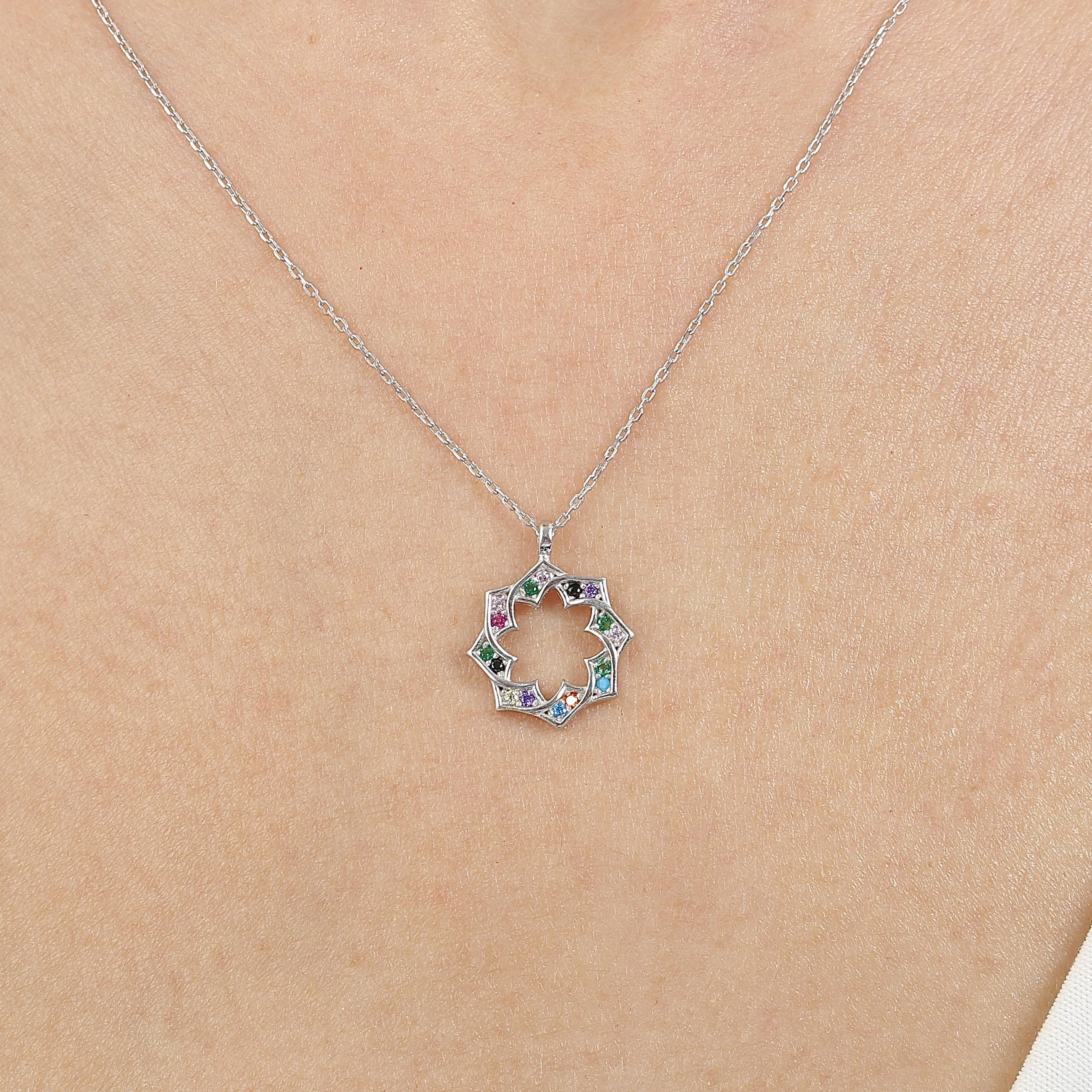 Mixed Stone Sparkling Geometric Silver Necklace