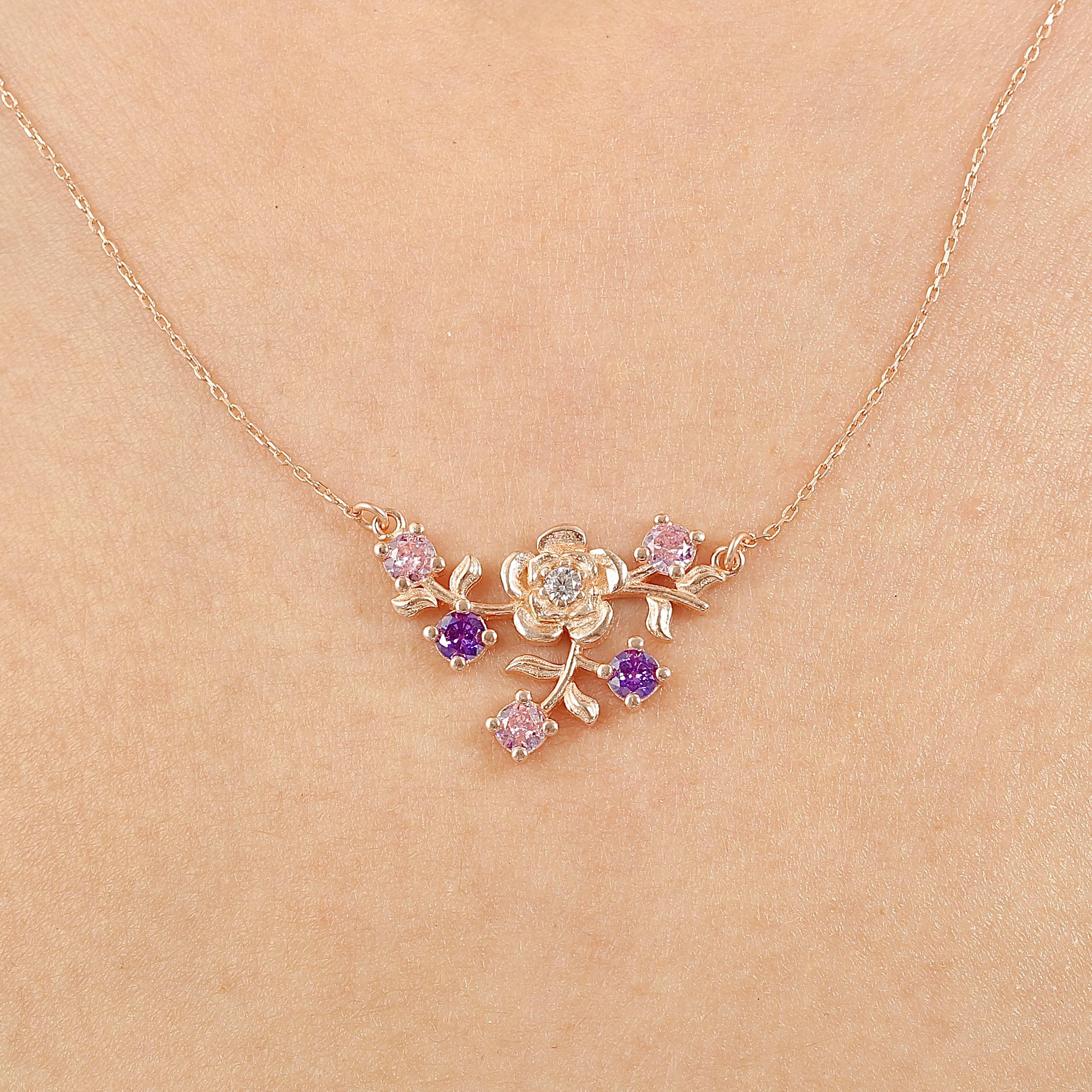 Colorful Stone Sparkle Echo Rose Flower Silver Necklace