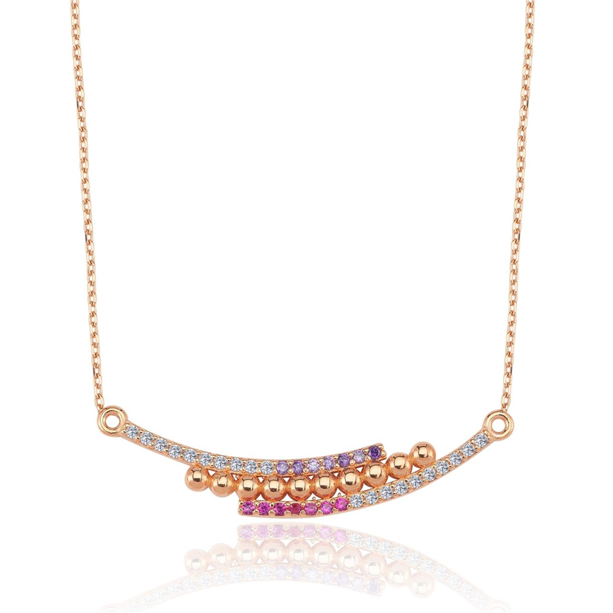 Rose gold bar necklace with pink, purple, and clear zirconia stones – a colorful and elegant modern accessory.